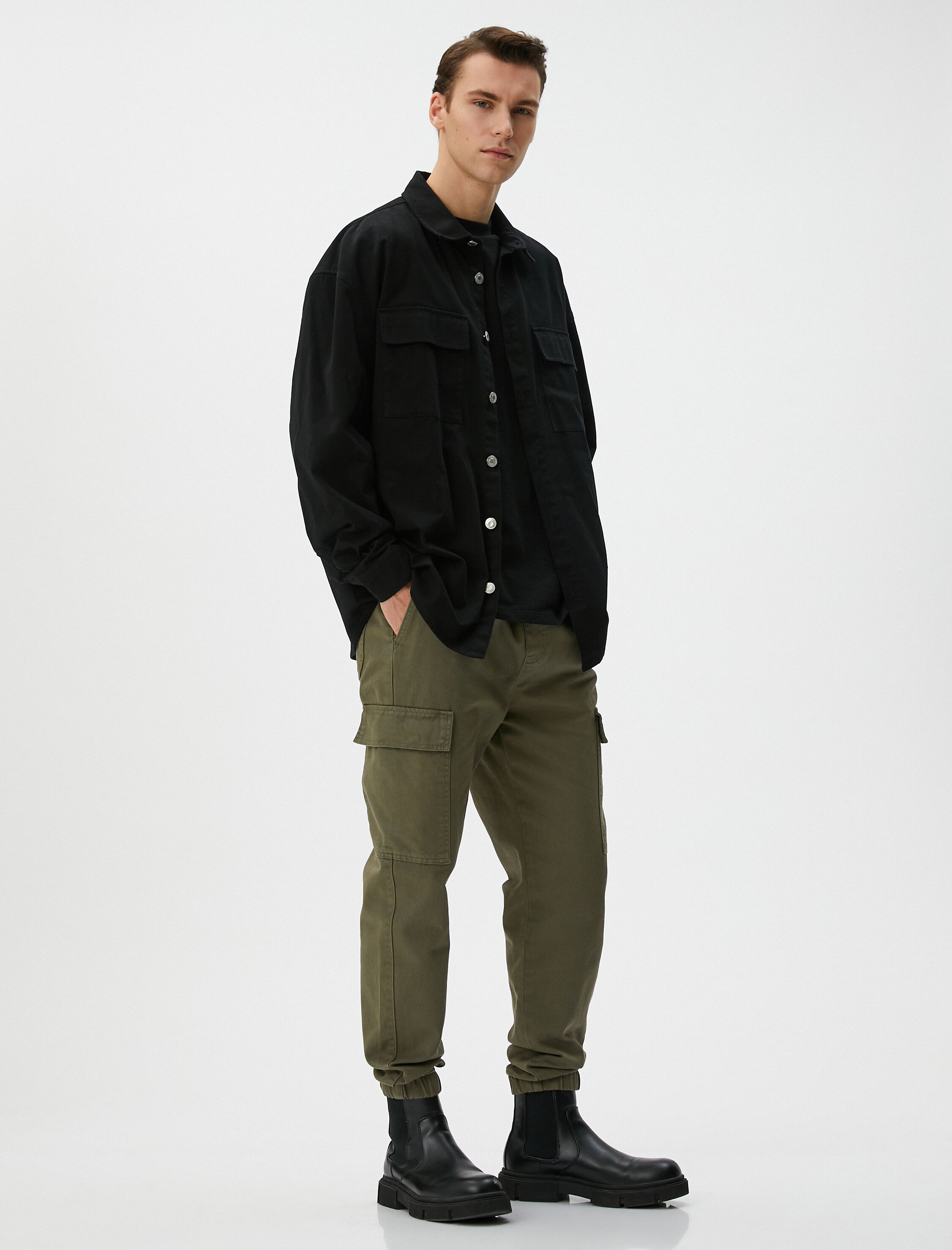   Kargo Jogger Pantolon Beli Bağcıklı Cepli Etiket Baskılı Pamuklu