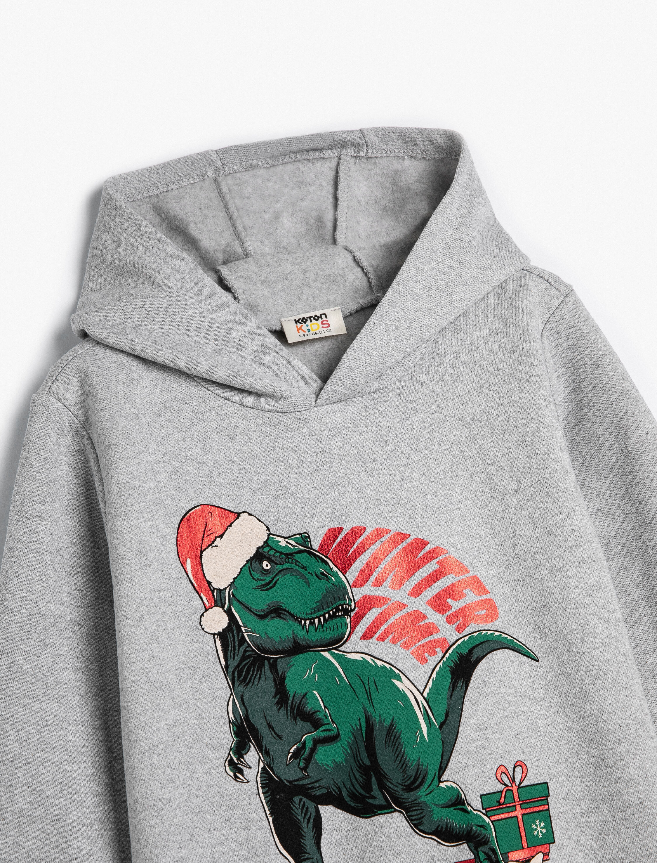  Erkek Çocuk Kapşonlu Sweat Yılbaşı Temalı Dinozor Baskılı Şardonlu