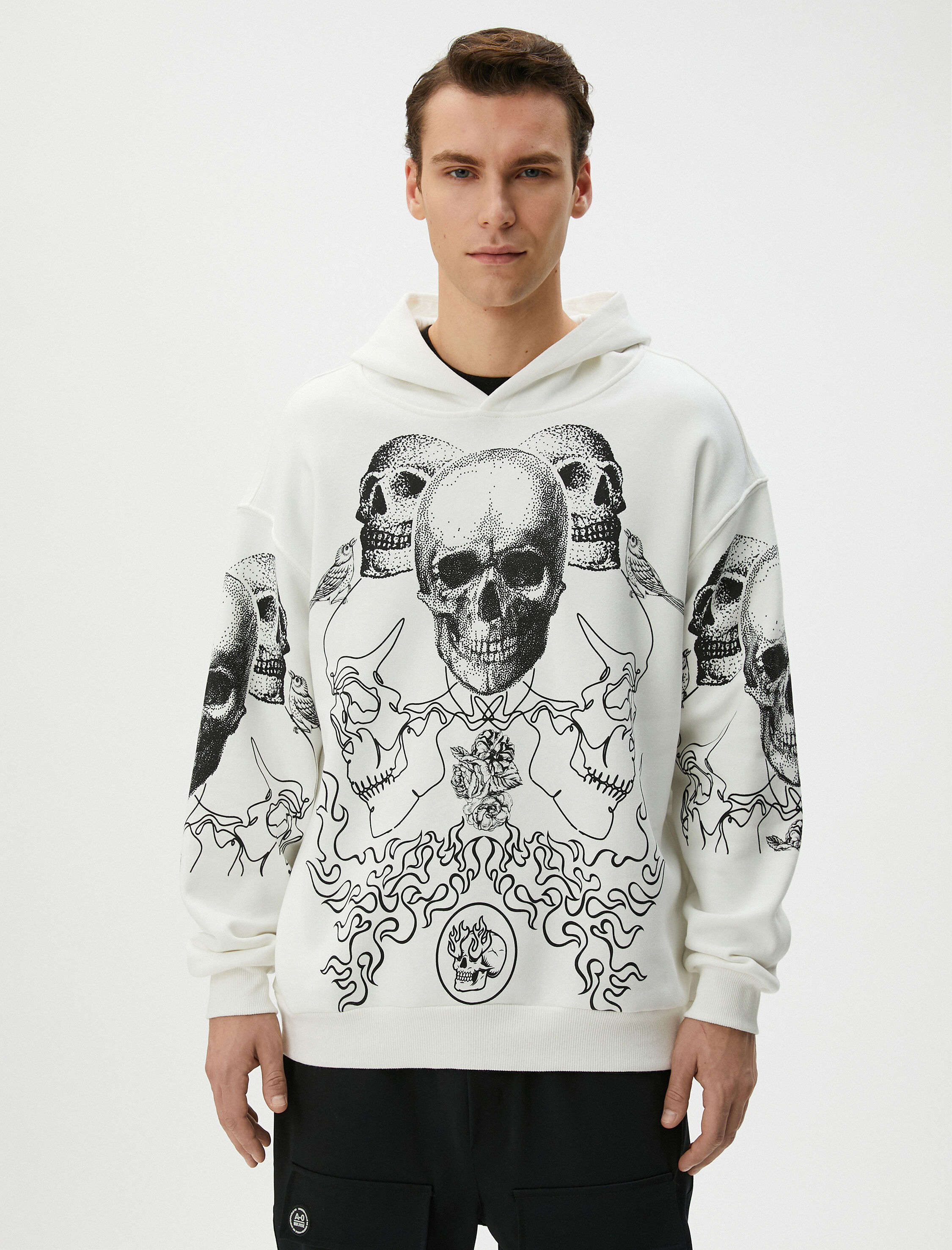   Oversize Hoodie Kuru Kafa Baskılı Uzun Kollu Şardonlu