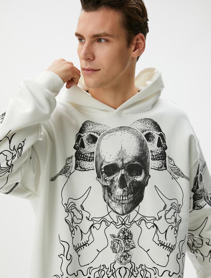  Oversize Hoodie Kuru Kafa Baskılı Uzun Kollu Şardonlu