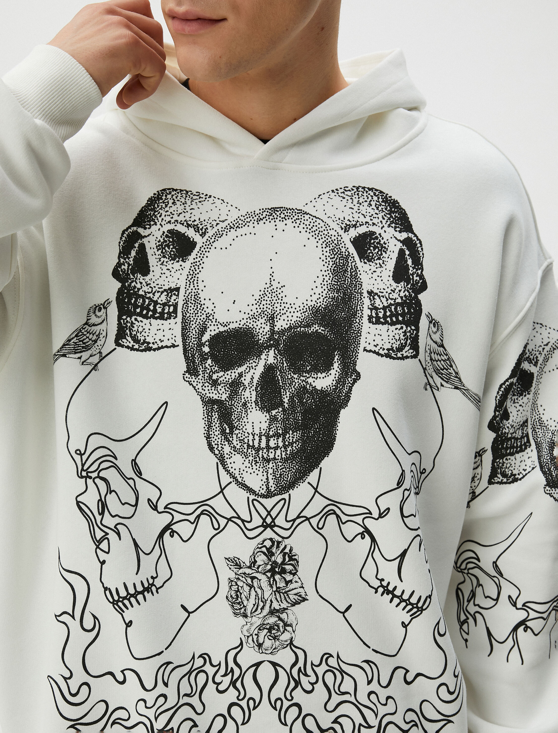   Oversize Hoodie Kuru Kafa Baskılı Uzun Kollu Şardonlu