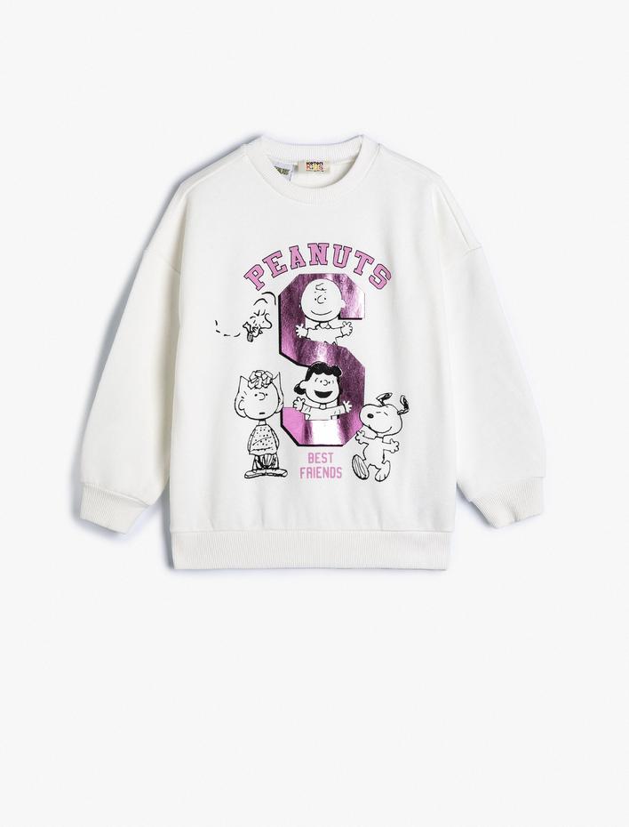 Kız Çocuk Snoopy Sweatshirt Lisanslı Uzun Kollu Bisiklet Yaka Şardonlu