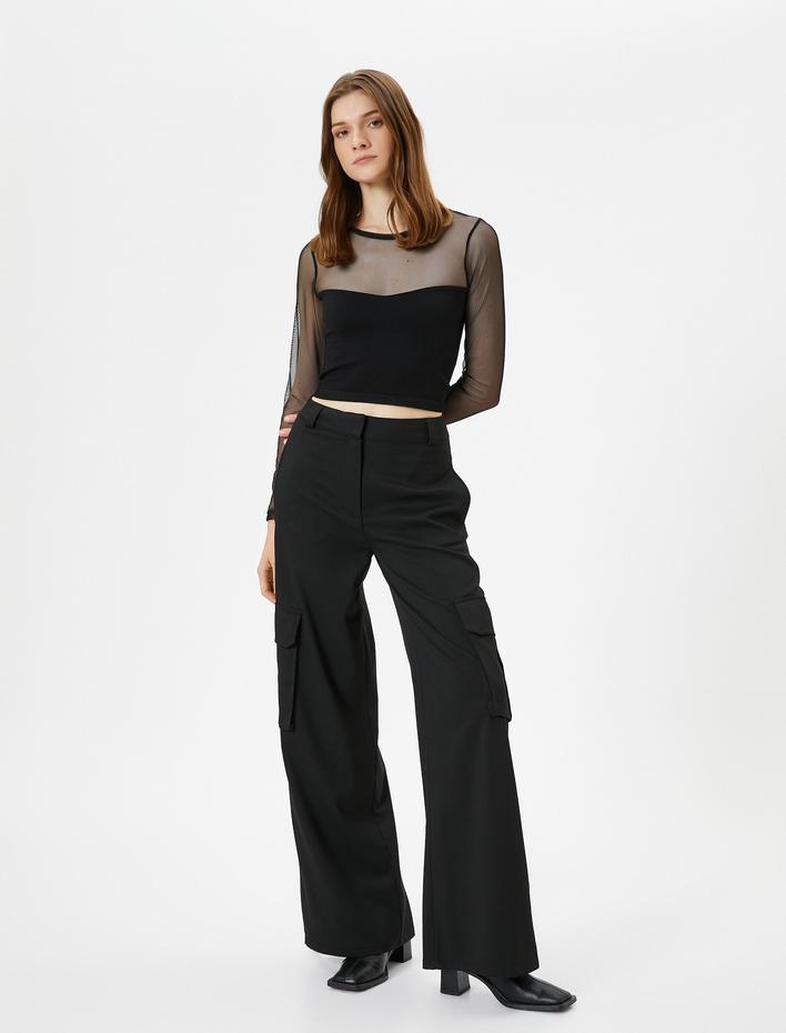  Crop Tişört Uzun Kollu Transparan Tül Detaylı