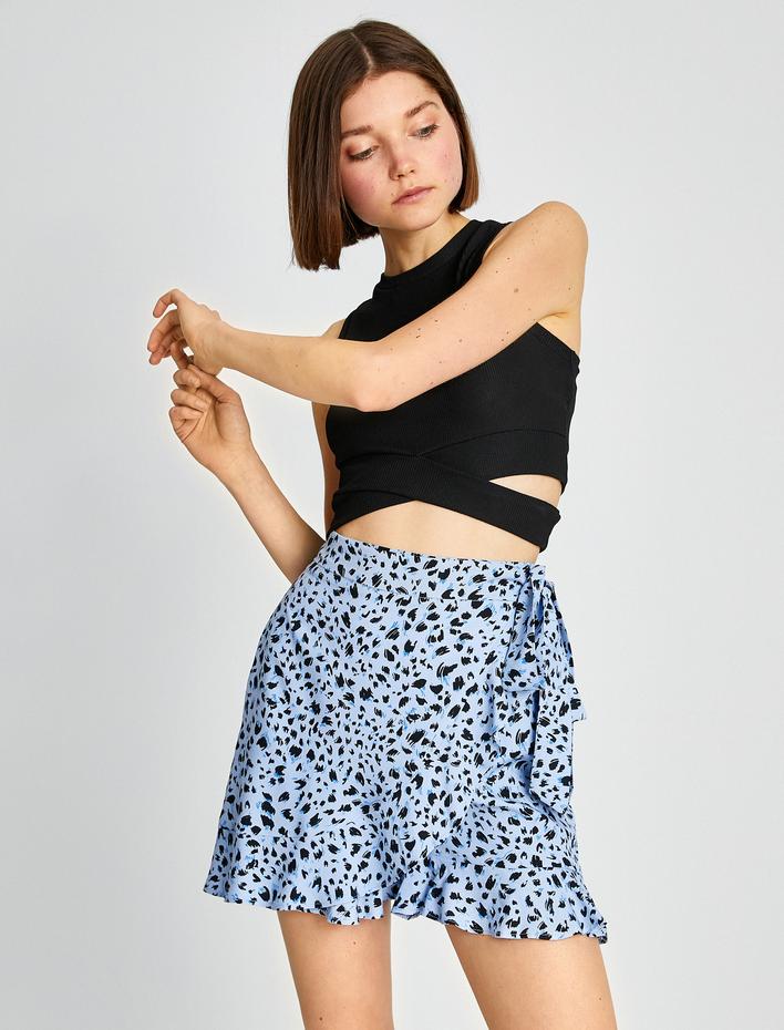  Mini Şort Etek Desenli Fırfırlı Bağlama Detaylı