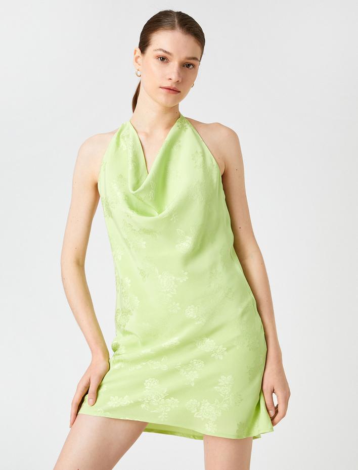  Çiçekli Mini Viskon Elbise Askılı Taş Detaylı