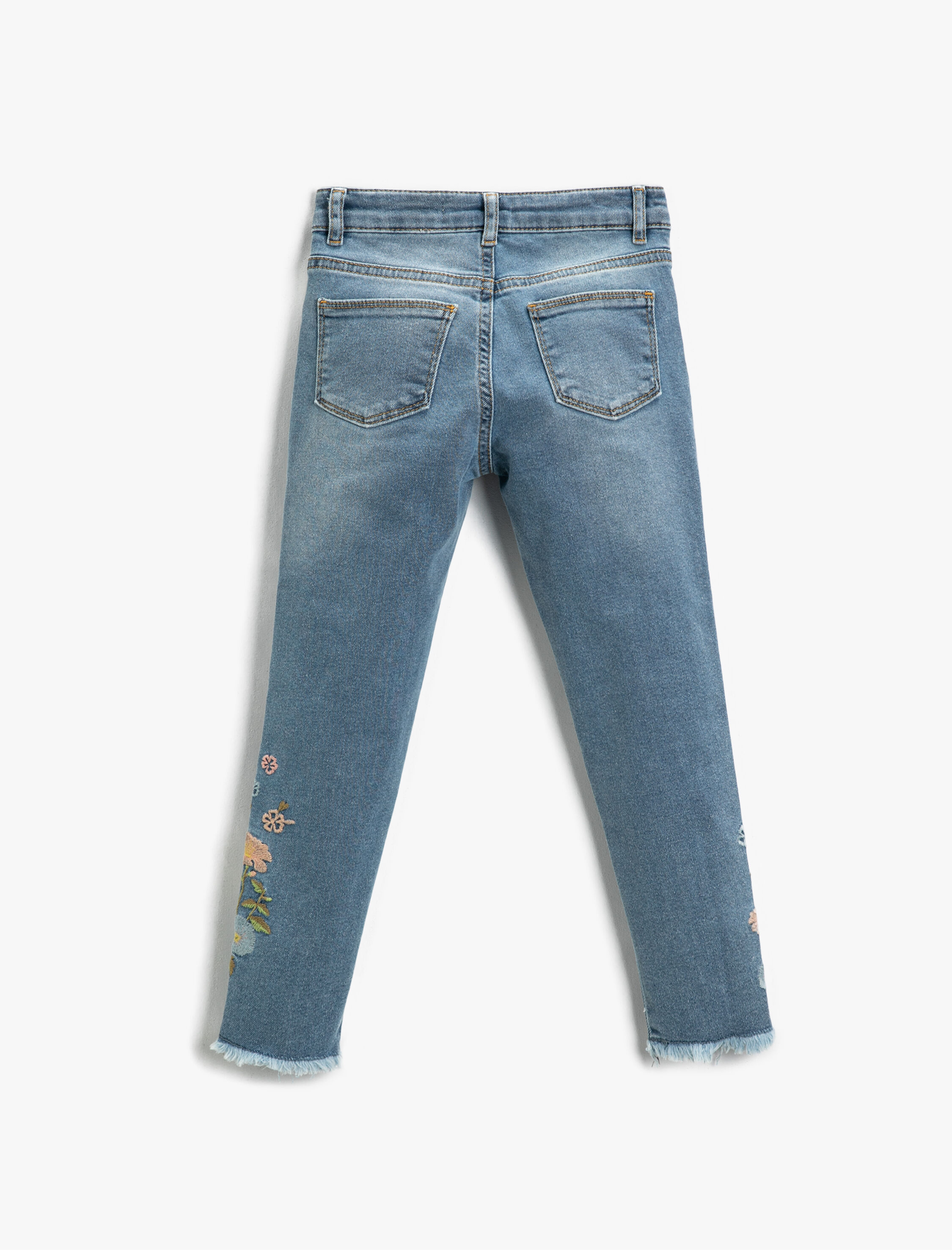  Kız Çocuk Kot Pantolon Çiçek İşlemeli Dar Paça