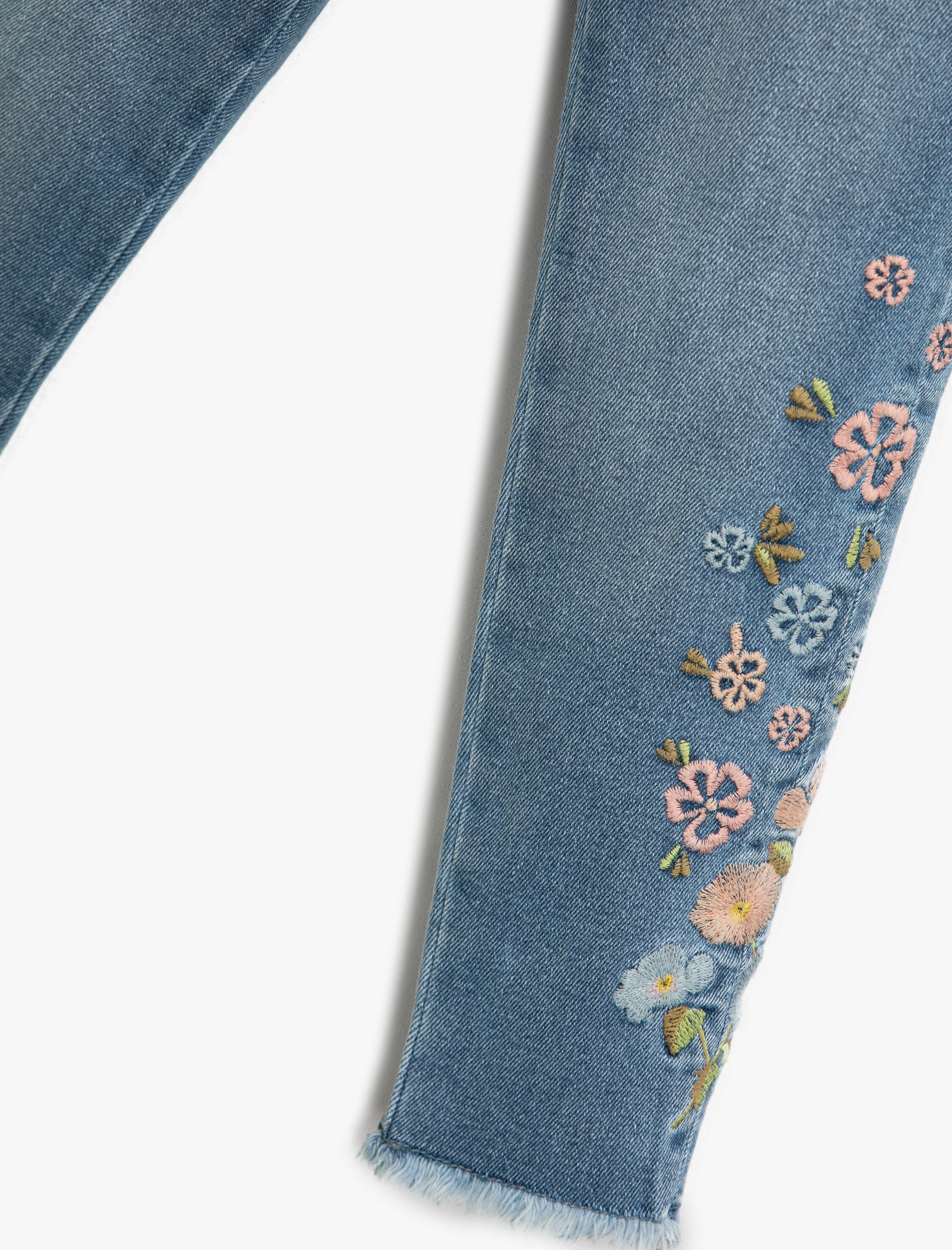  Kız Çocuk Kot Pantolon Çiçek İşlemeli Dar Paça