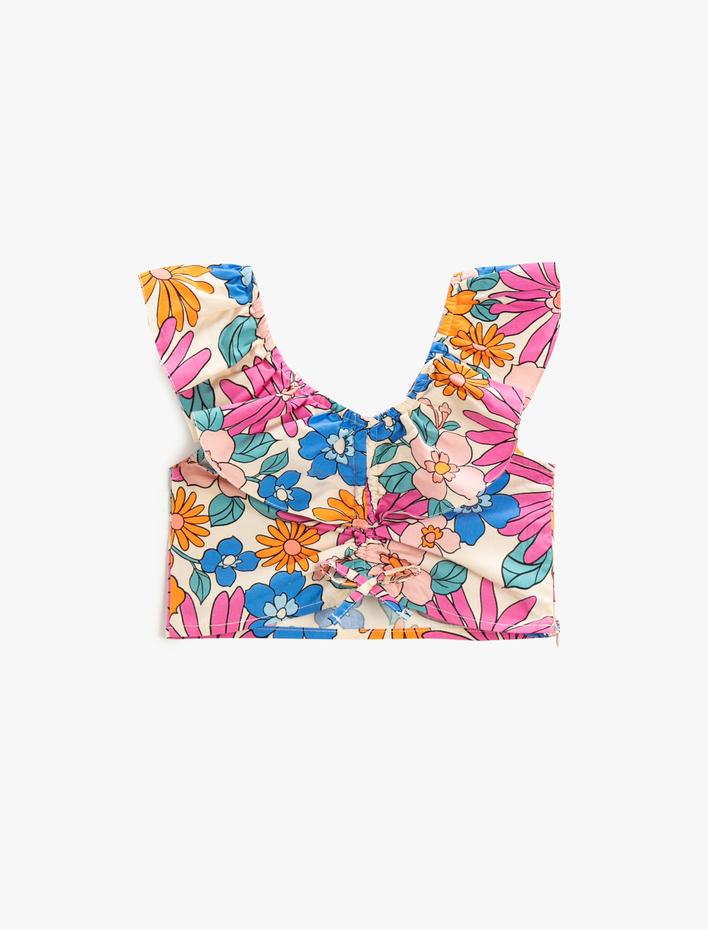 Kız Çocuk Çiçekli Crop Bluz Fırfırlı Düşük Omuz Pamuklu