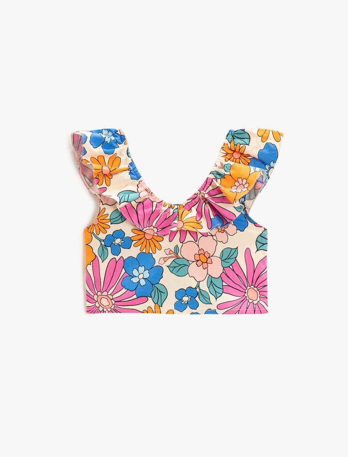 Kız Çocuk Çiçekli Crop Bluz Fırfırlı Düşük Omuz Pamuklu