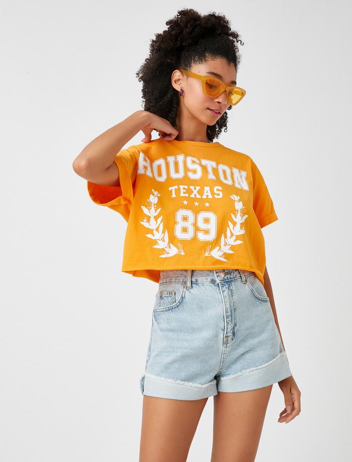  Baskılı Crop Tişört Bisiklet Yaka