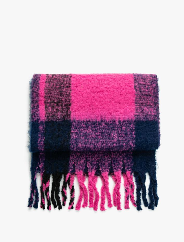 Kadın Ekose Atkı Yumuşak Dokulu Püsküllü