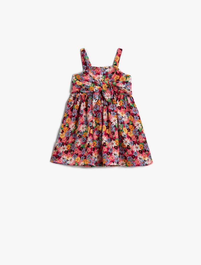 Kız Bebek Elbise Çiçekli Önden Bağlama Detaylı Pamuklu