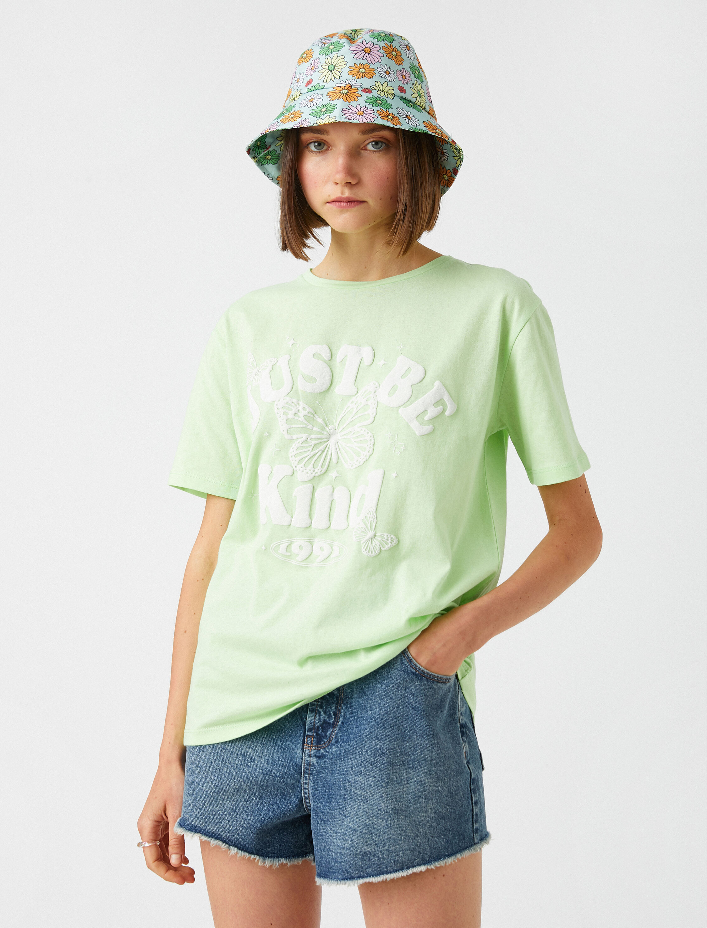   Slogan Baskılı Tişört Bisiklet Yaka Kısa Kollu