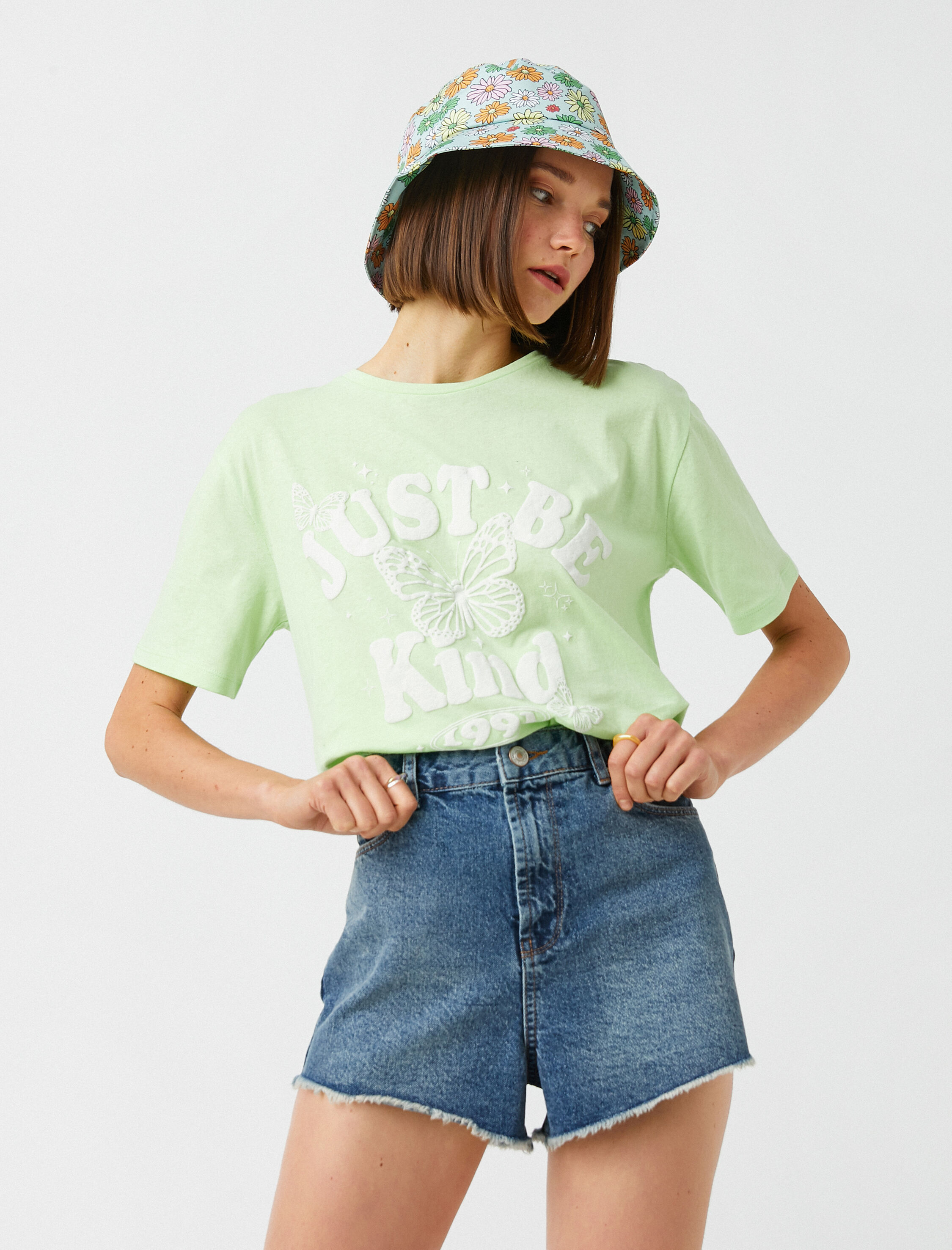   Slogan Baskılı Tişört Bisiklet Yaka Kısa Kollu