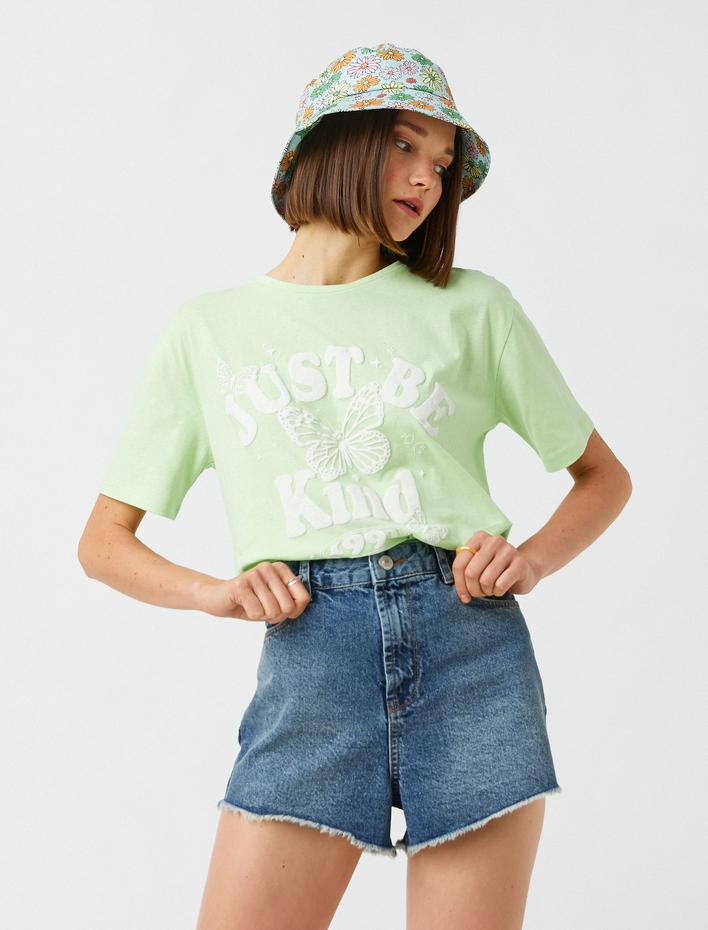  Slogan Baskılı Tişört Bisiklet Yaka Kısa Kollu