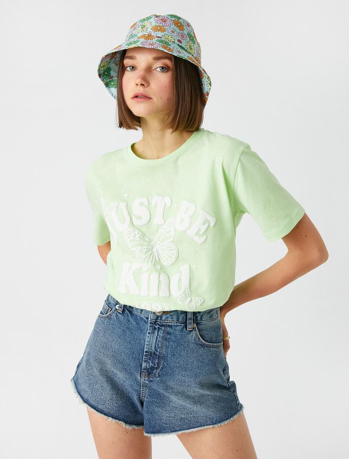  Slogan Baskılı Tişört Bisiklet Yaka Kısa Kollu