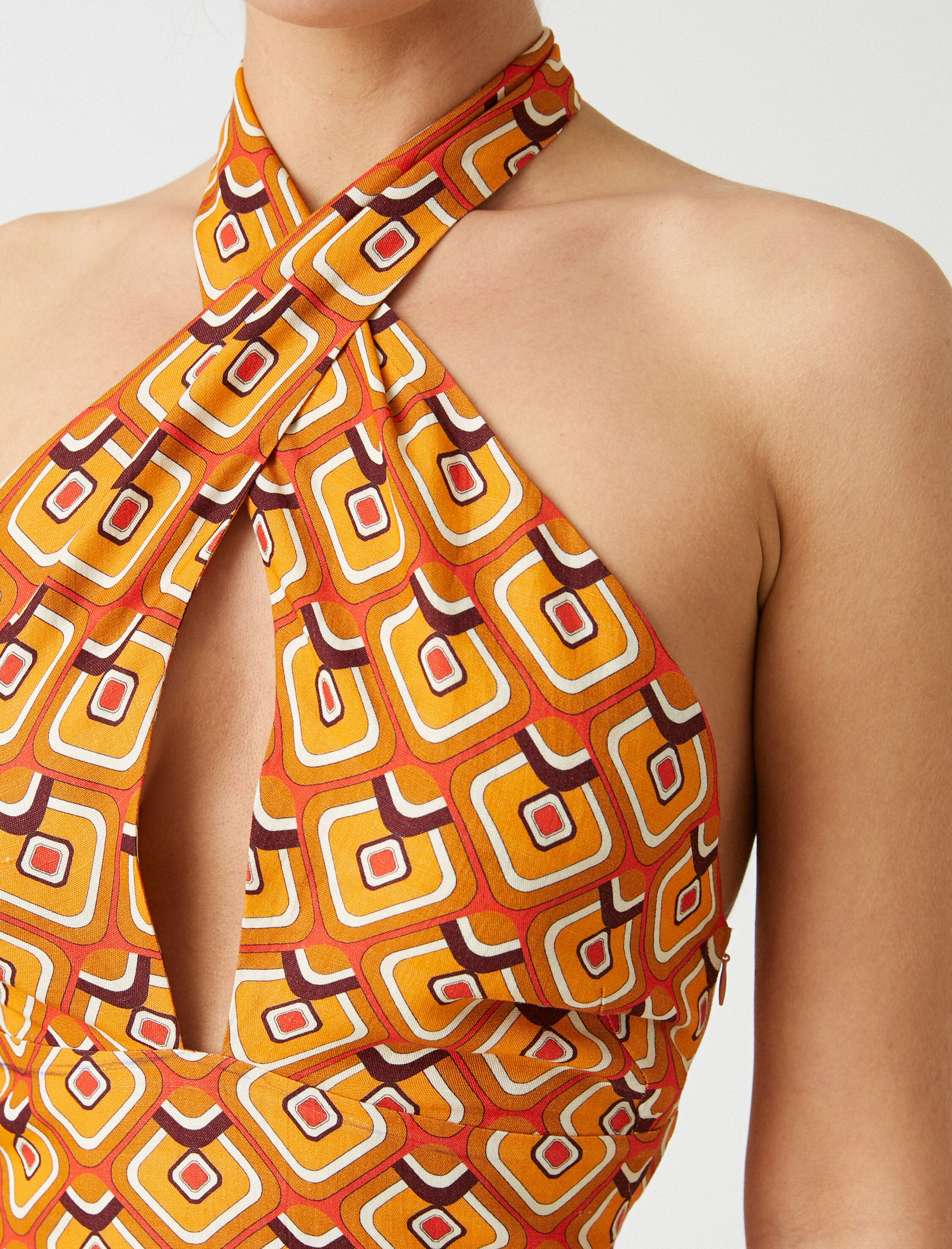   Desenli Tulum Boyundan Bağlamalı Keten Karışımlı