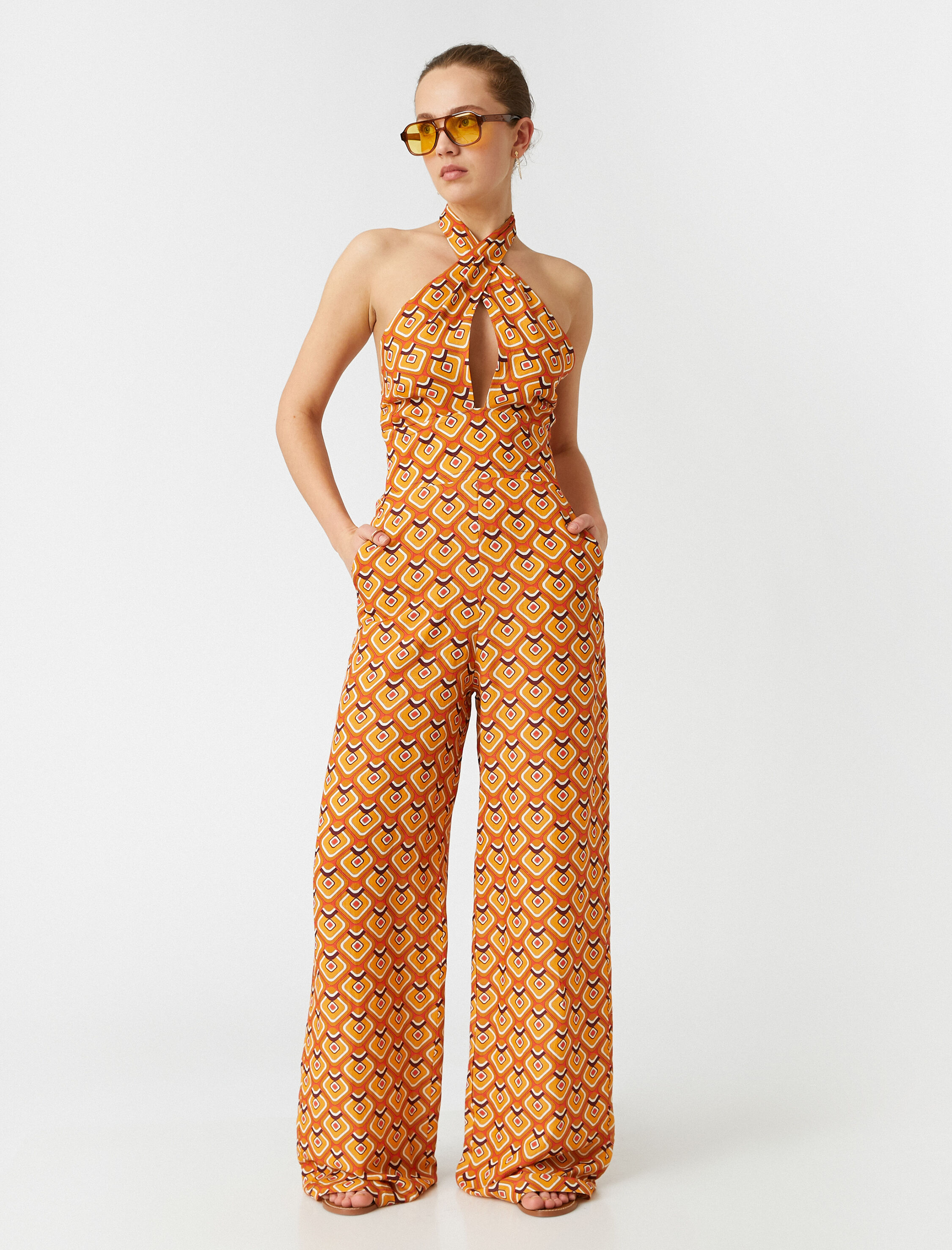   Desenli Tulum Boyundan Bağlamalı Keten Karışımlı