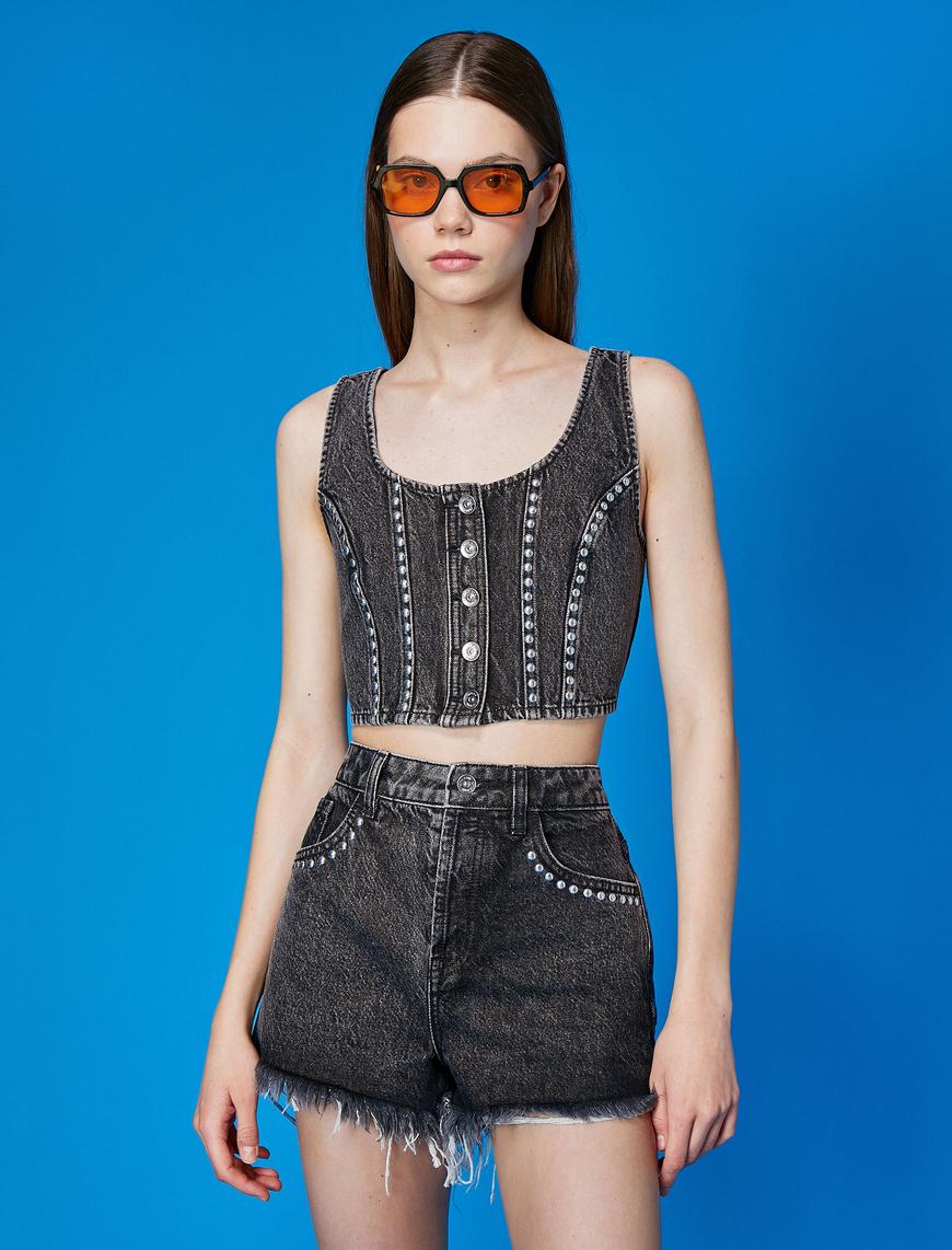   Kot Crop Top Zımba Detaylı Düğmeli