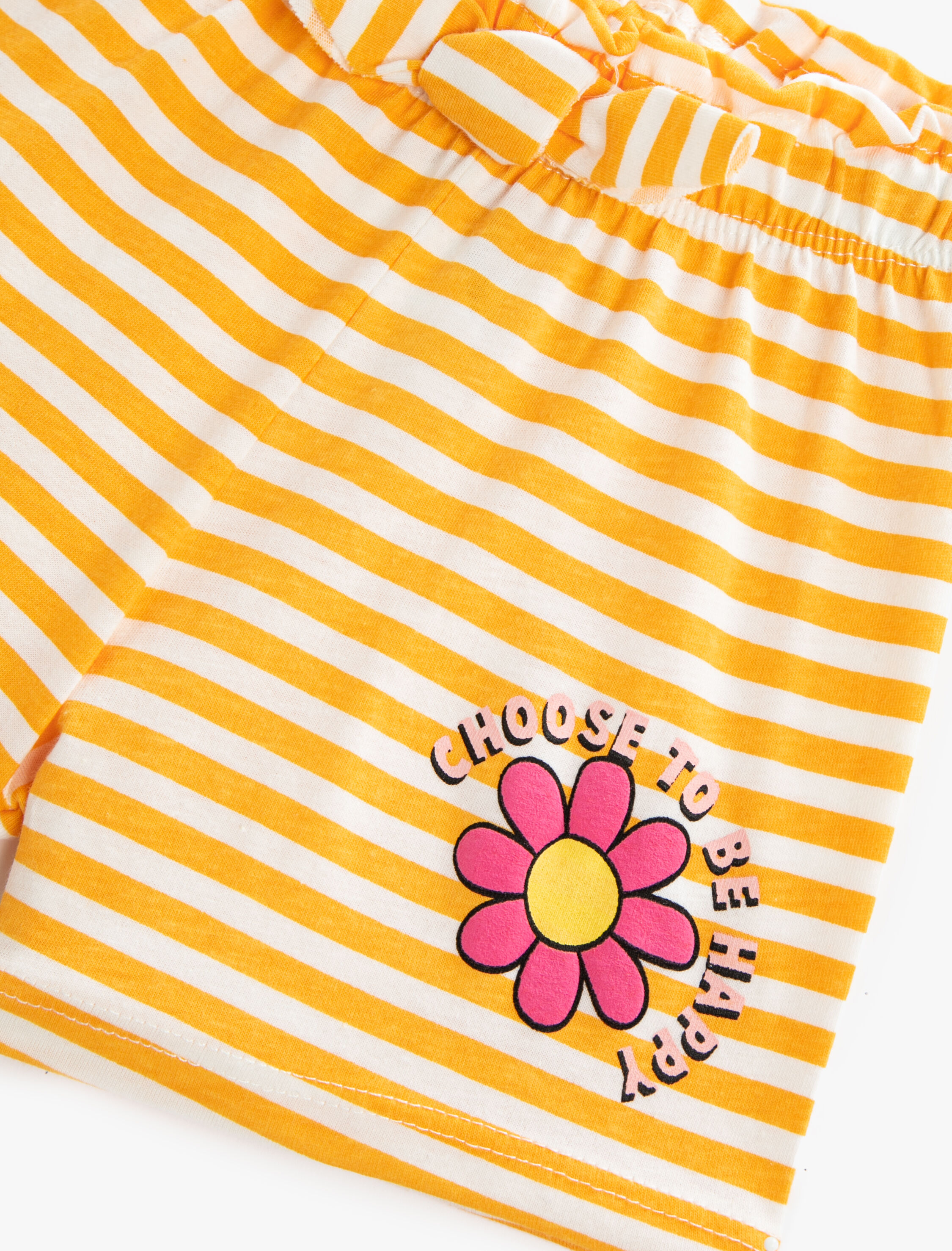  Kız Bebek Baskılı Şort Fiyonk Detaylı Çizgili