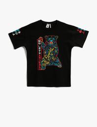 Hayvan Baskılı Tişört Kısa Kollu Bisiklet Yaka Pamuklu