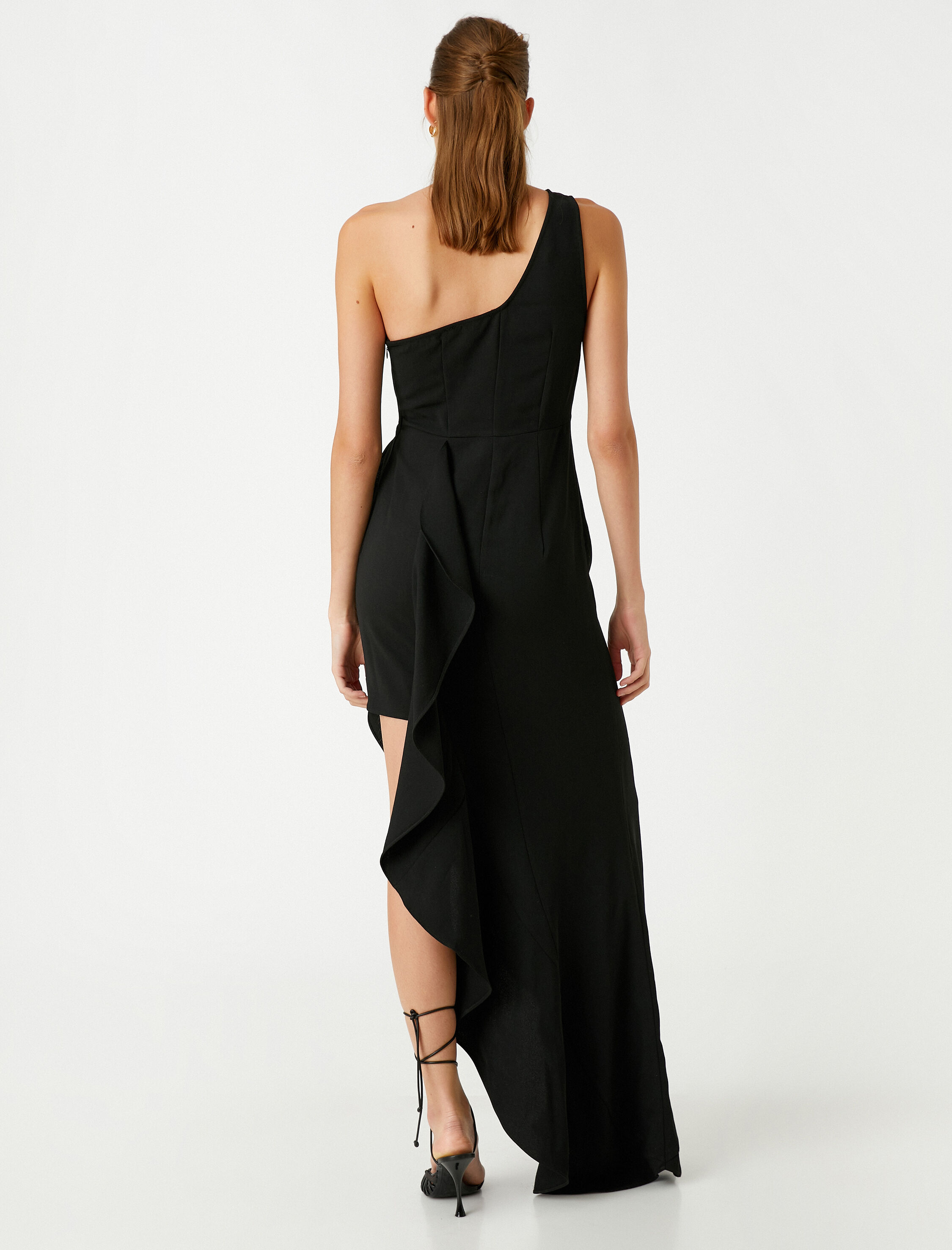   Volanlı Abiye Elbise Pencere Detaylı