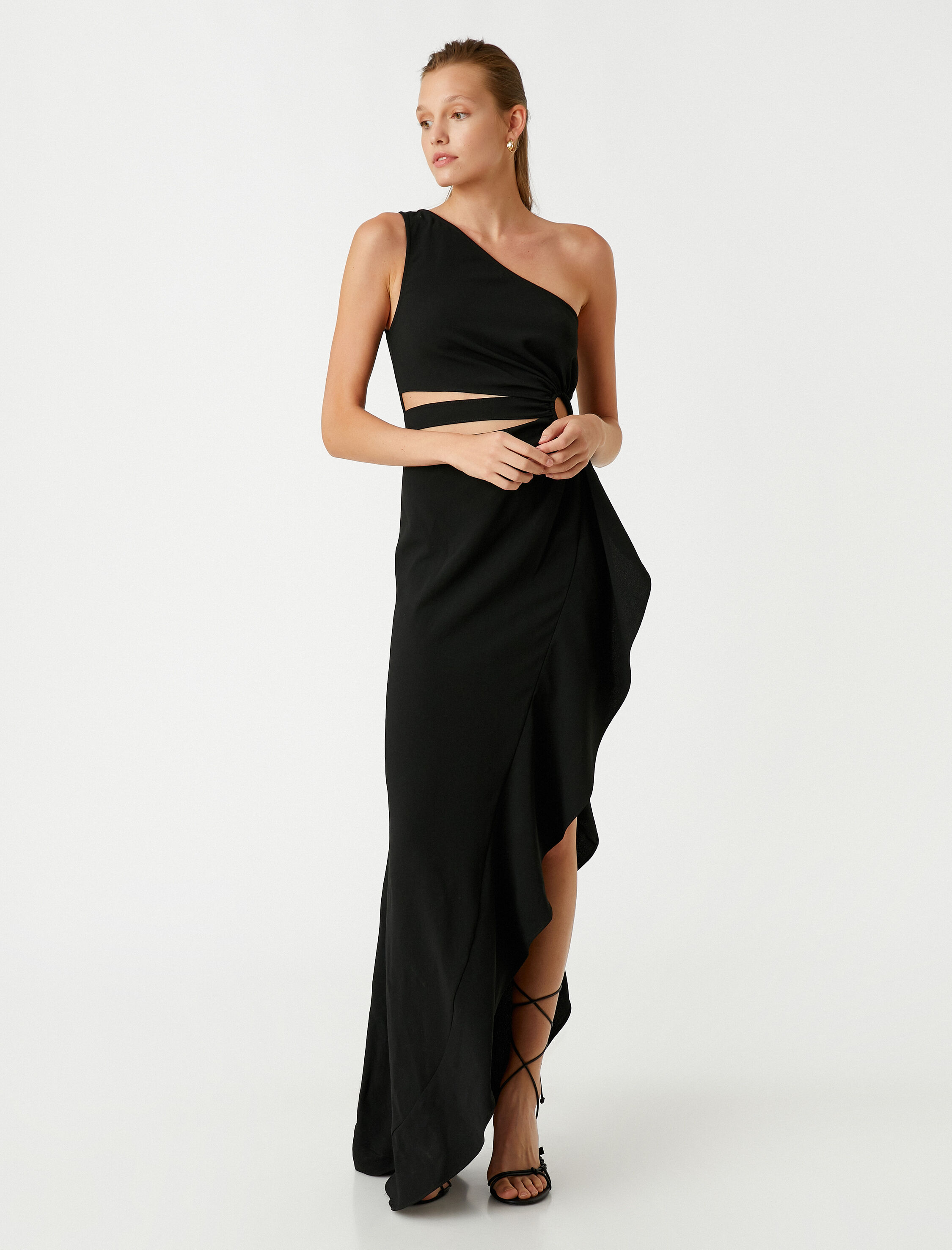   Volanlı Abiye Elbise Pencere Detaylı