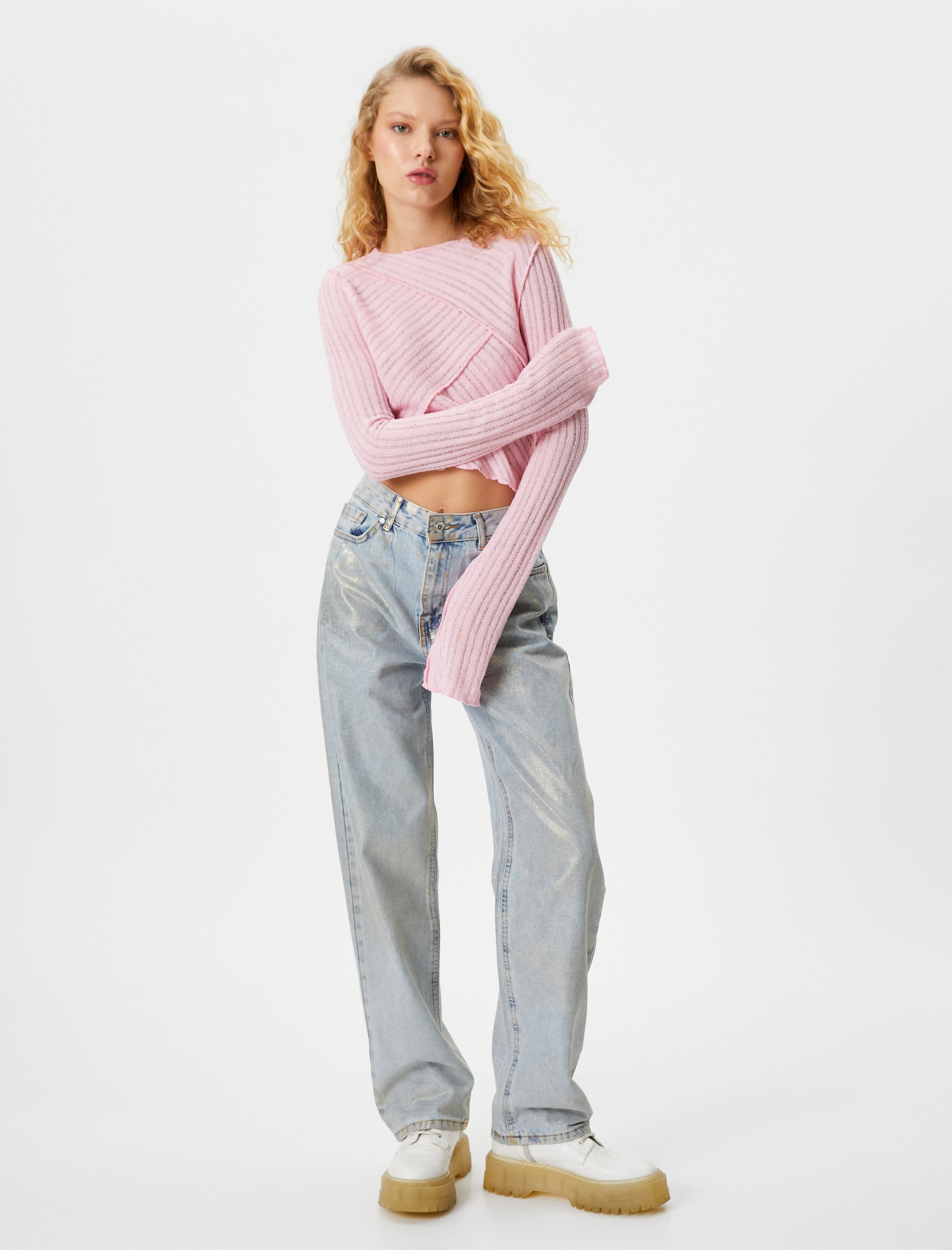   Uzun Kollu Tişört Asimetrik Kesim Dikiş Detaylı Dokulu