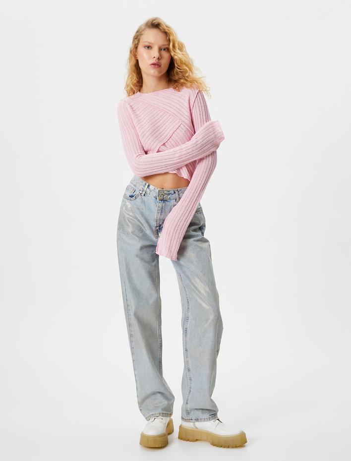  Uzun Kollu Tişört Asimetrik Kesim Dikiş Detaylı Dokulu