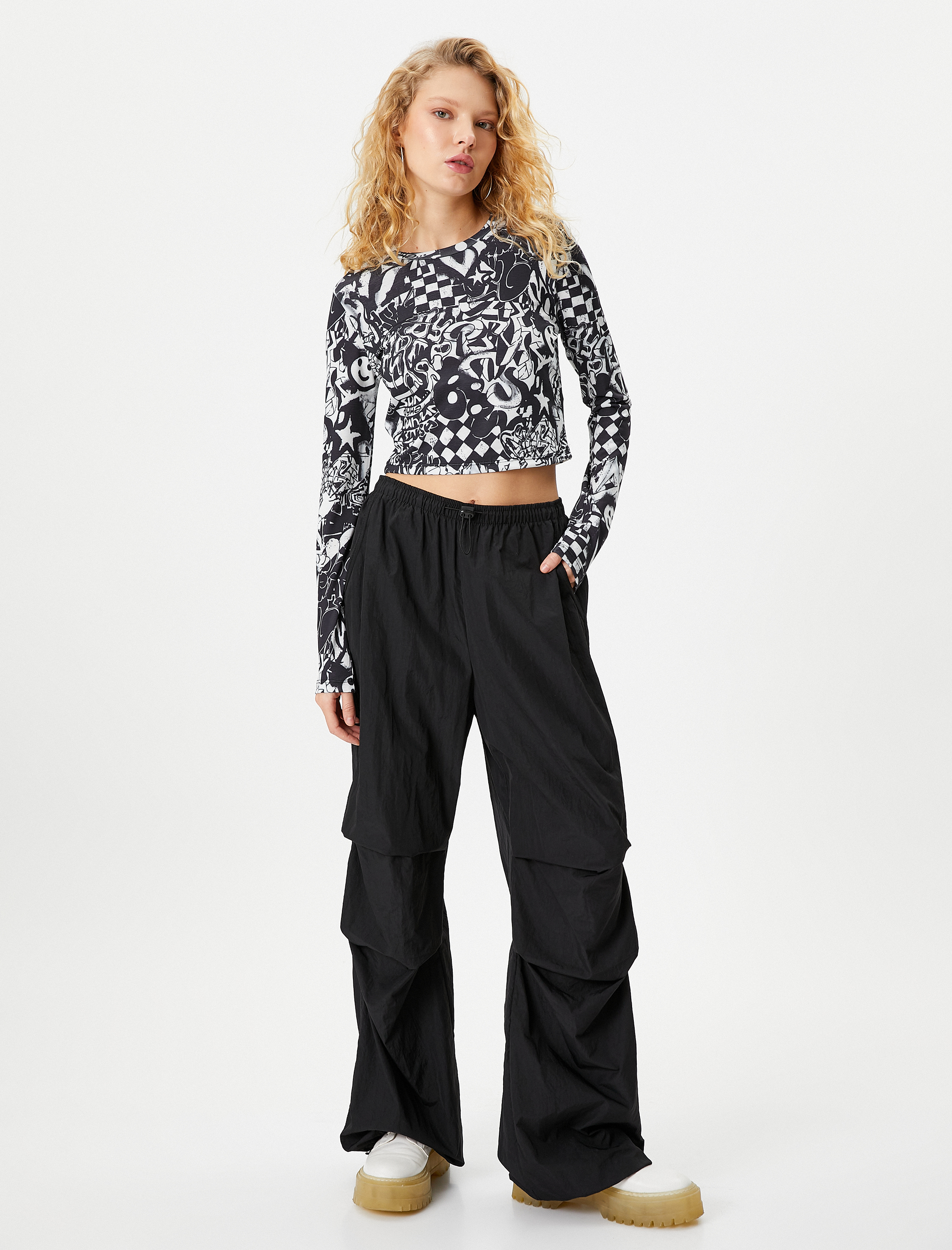   Uzun Kollu Tişört Grafiti Baskılı Bisiklet Yaka