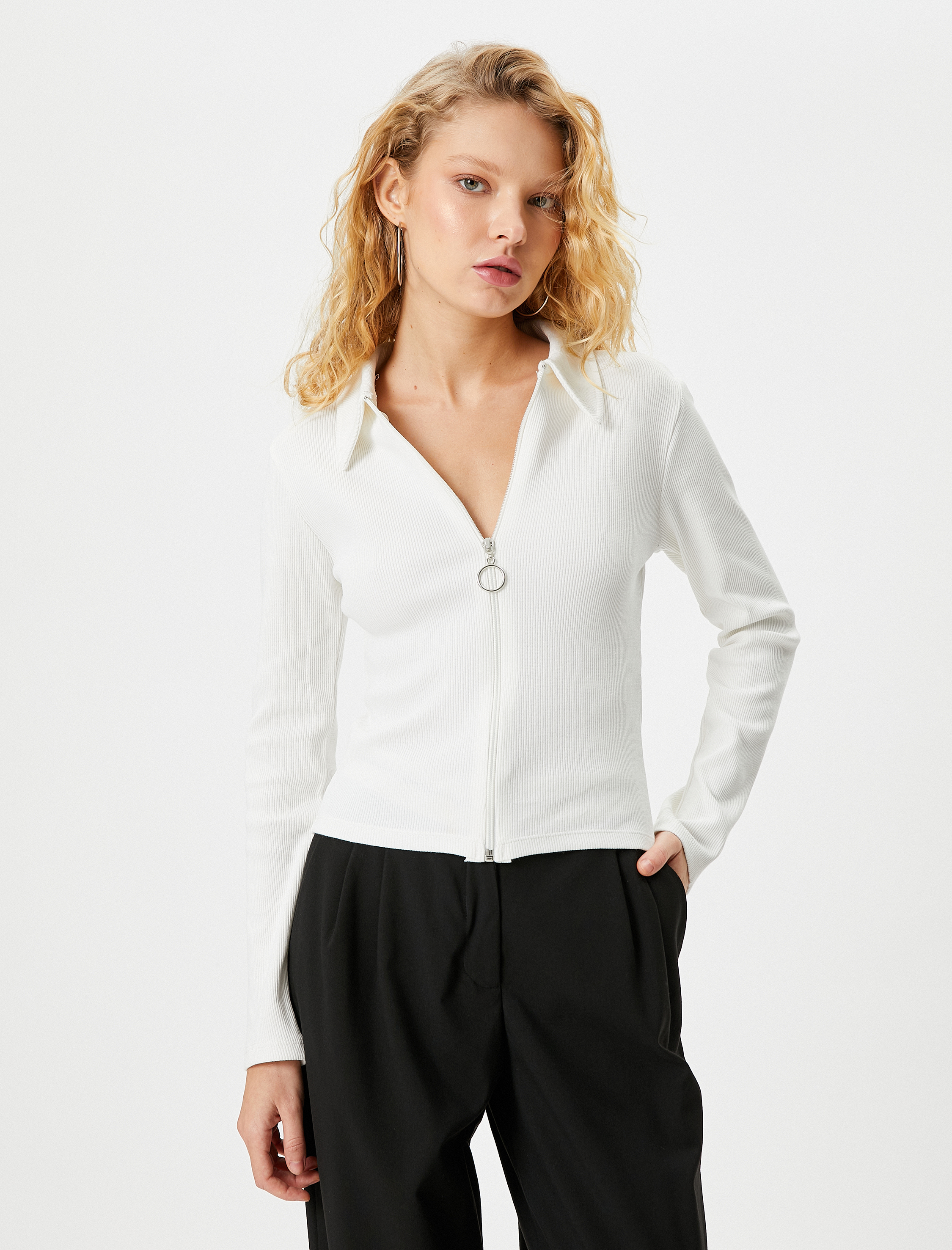   Fermuarlı Tişört Gömlek Yaka Uzun Kollu Kaşkorse Pamuklu