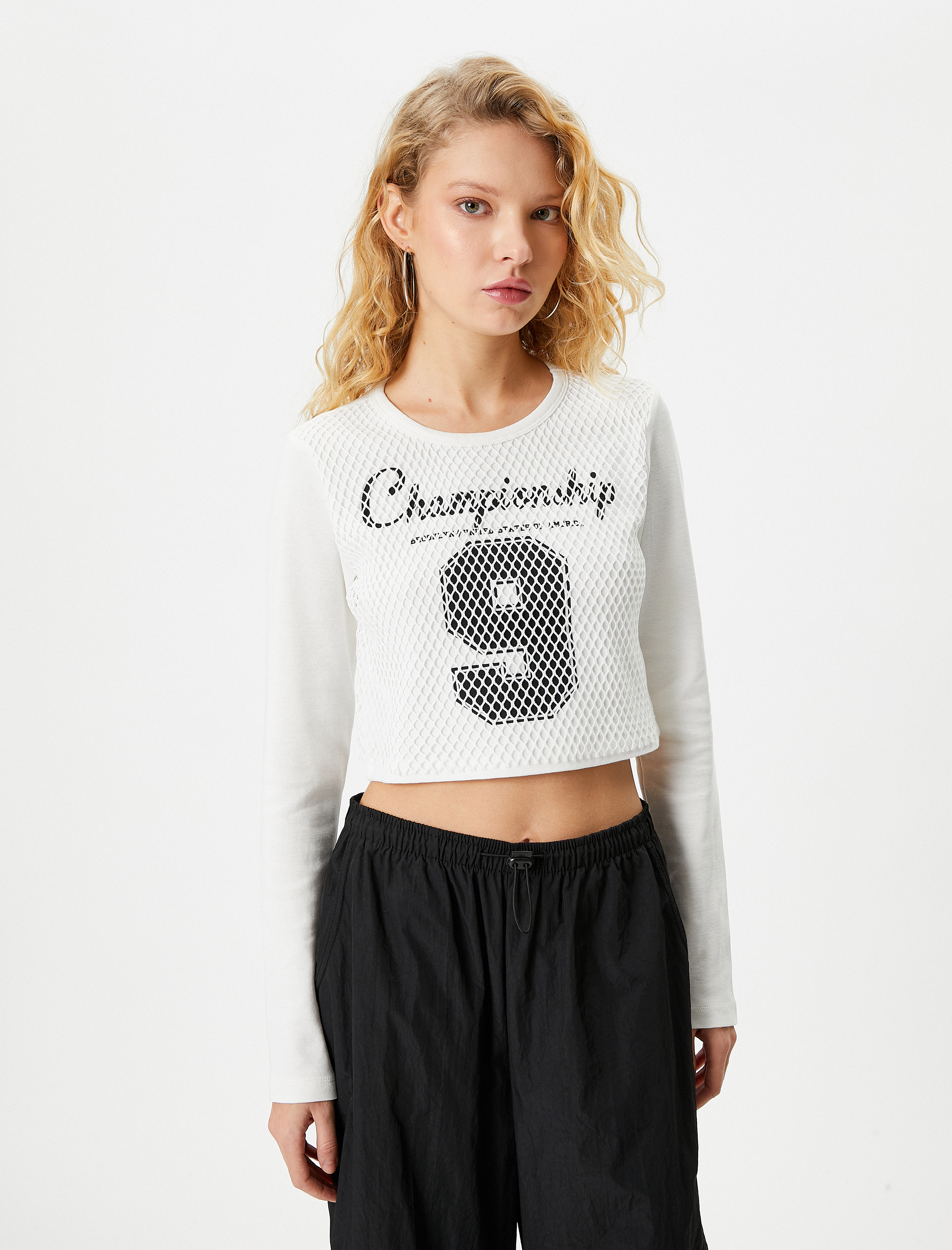   Fileli Kolej Crop Tişört Uzun Kollu Bisiklet Yaka Pamuklu