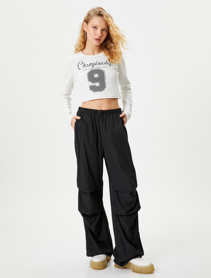  Fileli Kolej Crop Tişört Uzun Kollu Bisiklet Yaka Pamuklu