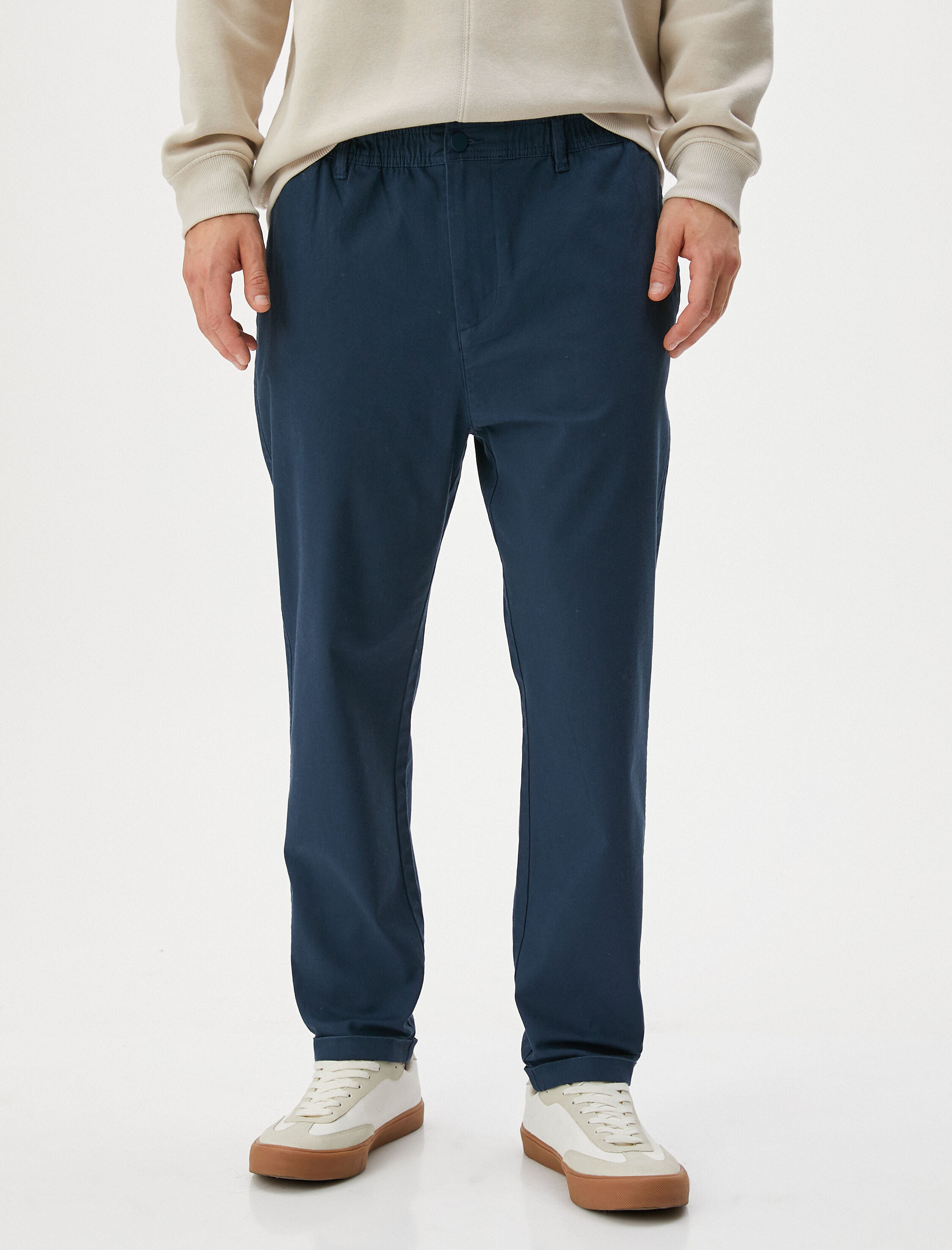   Basic Chino Pantolon Katlı Paça Düğmeli Cepli Beli Lastikli