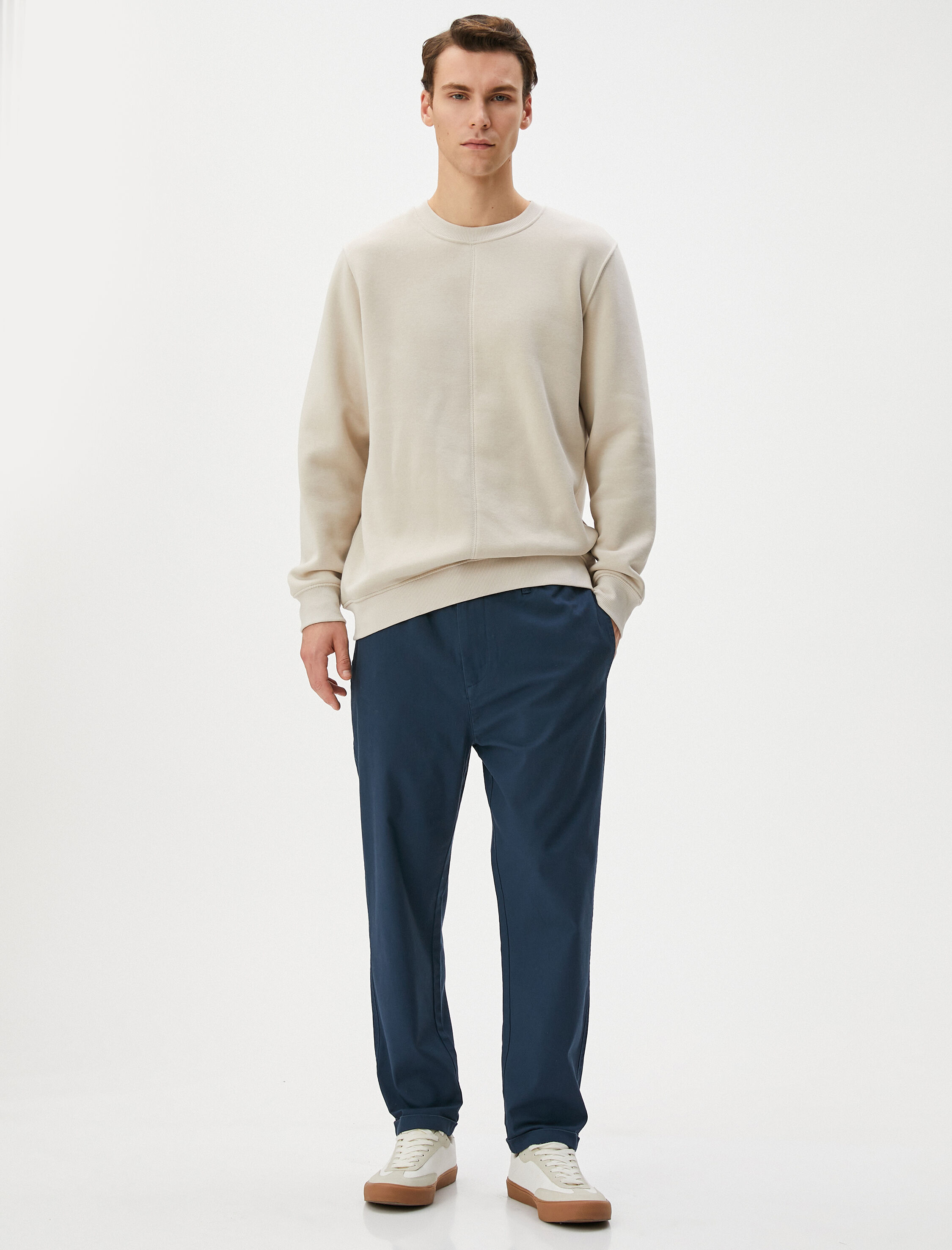   Basic Chino Pantolon Katlı Paça Düğmeli Cepli Beli Lastikli