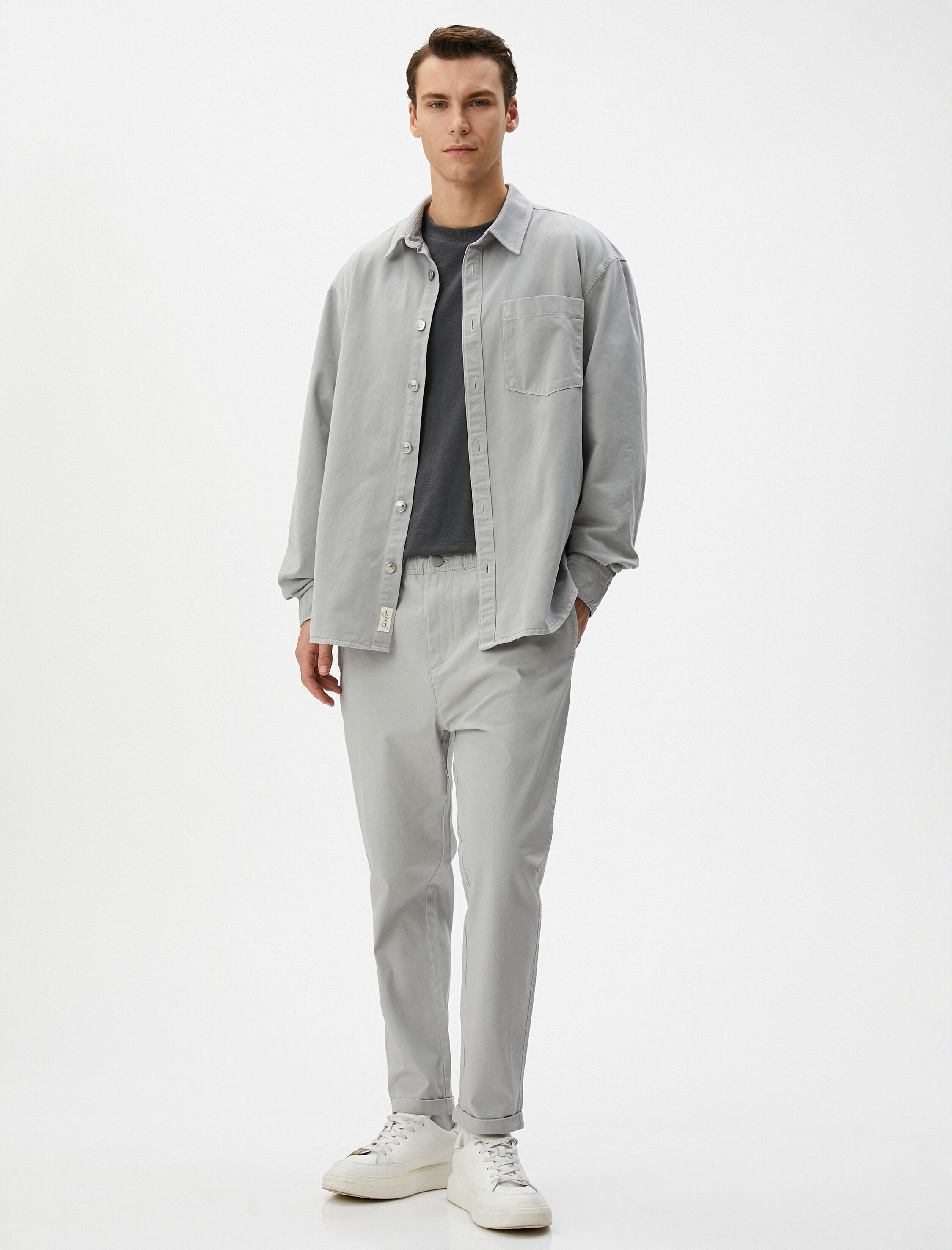   Basic Chino Pantolon Katlı Paça Düğmeli Cepli Beli Lastikli