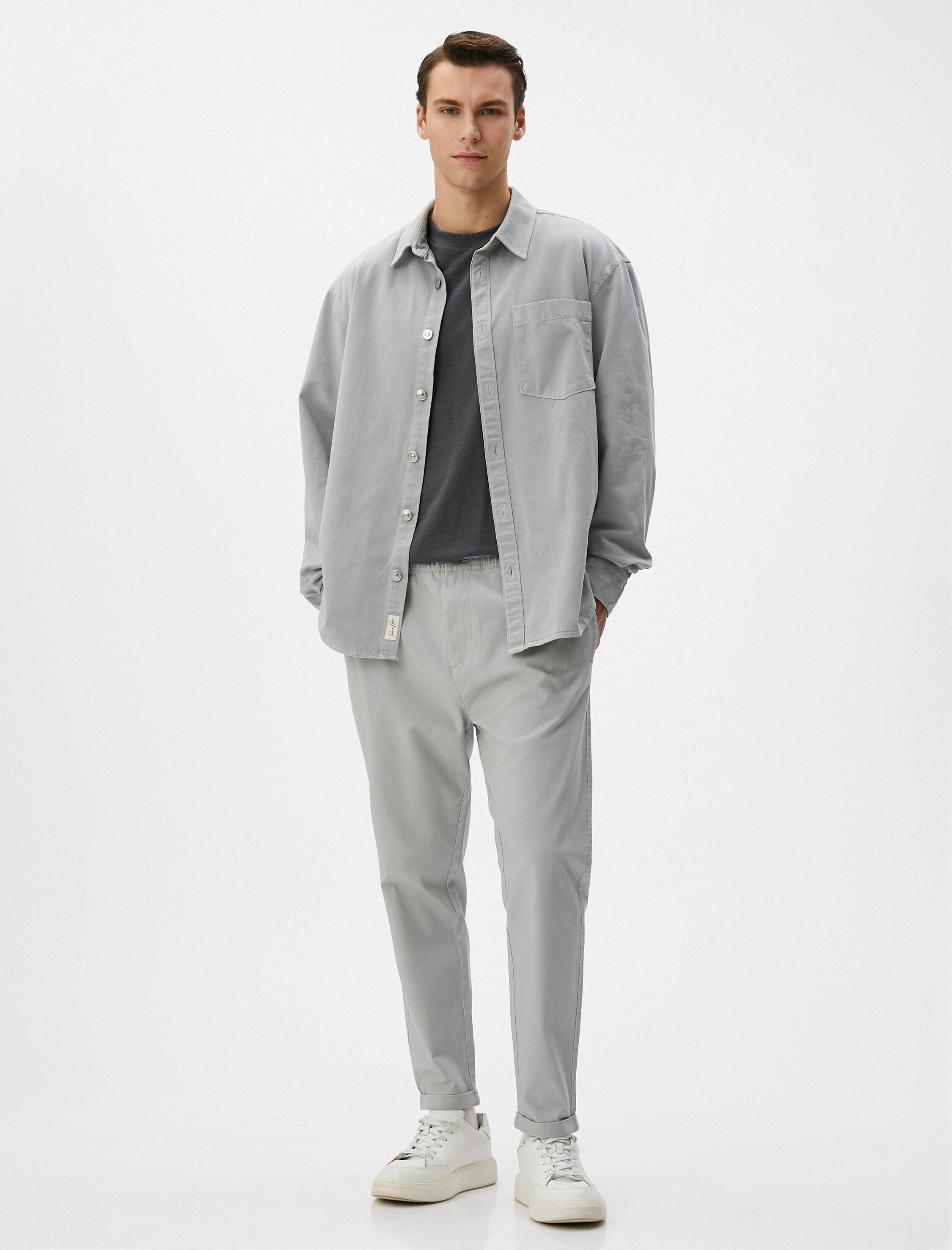   Basic Chino Pantolon Katlı Paça Düğmeli Cepli Beli Lastikli