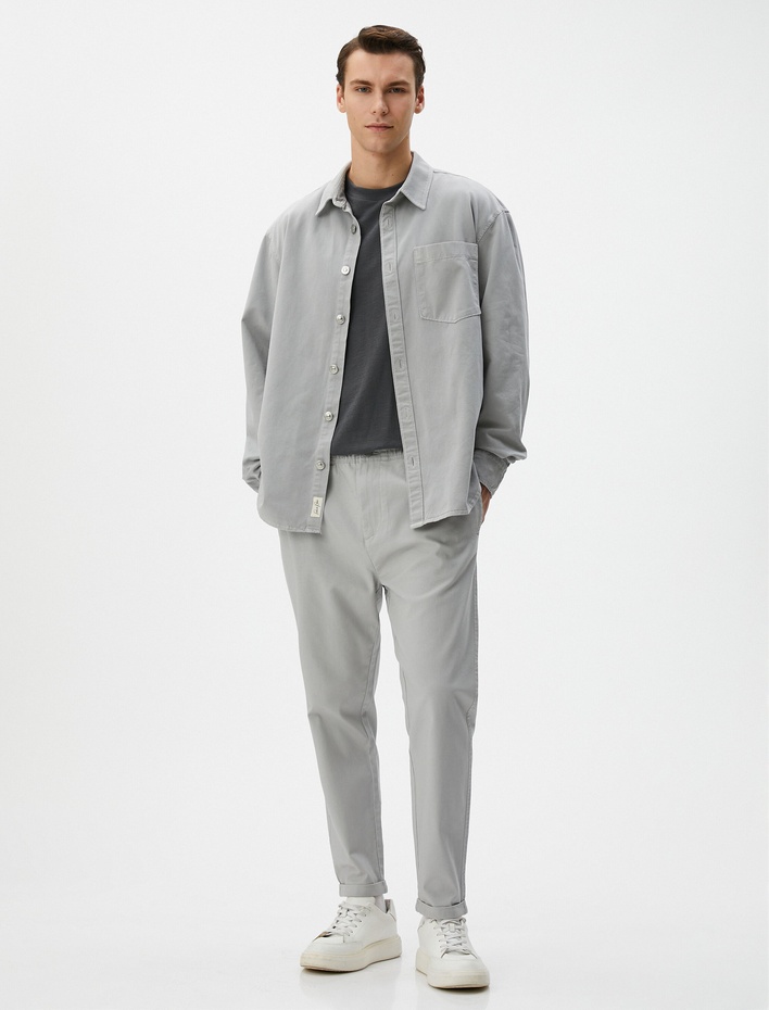  Basic Chino Pantolon Katlı Paça Düğmeli Cepli Beli Lastikli