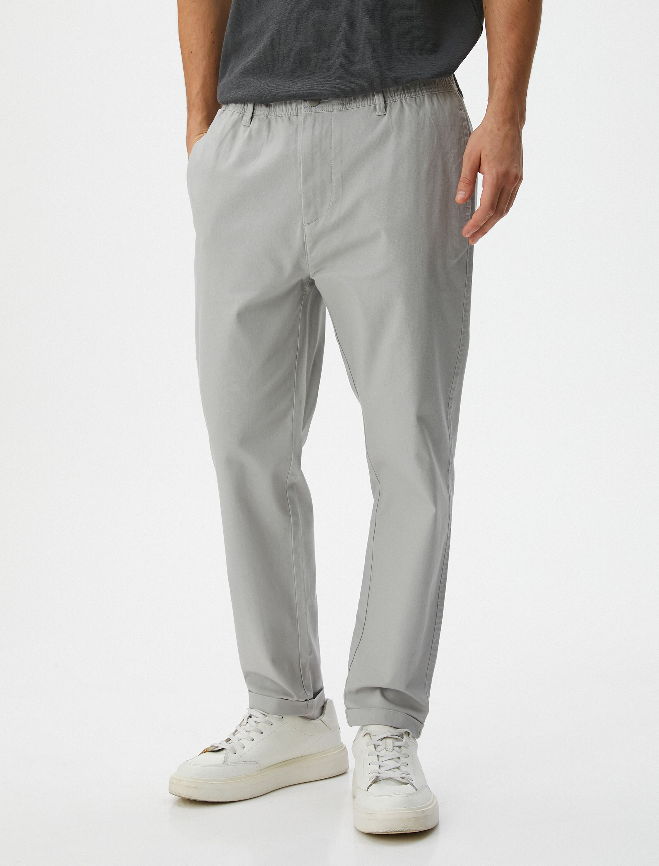   Basic Chino Pantolon Katlı Paça Düğmeli Cepli Beli Lastikli