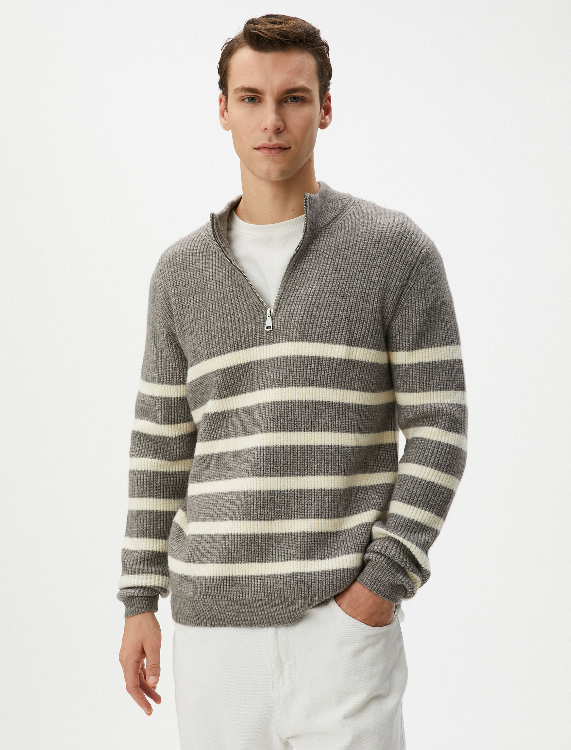 Yarım Fermuarlı Triko Kazak Çizgili Uzun Kollu