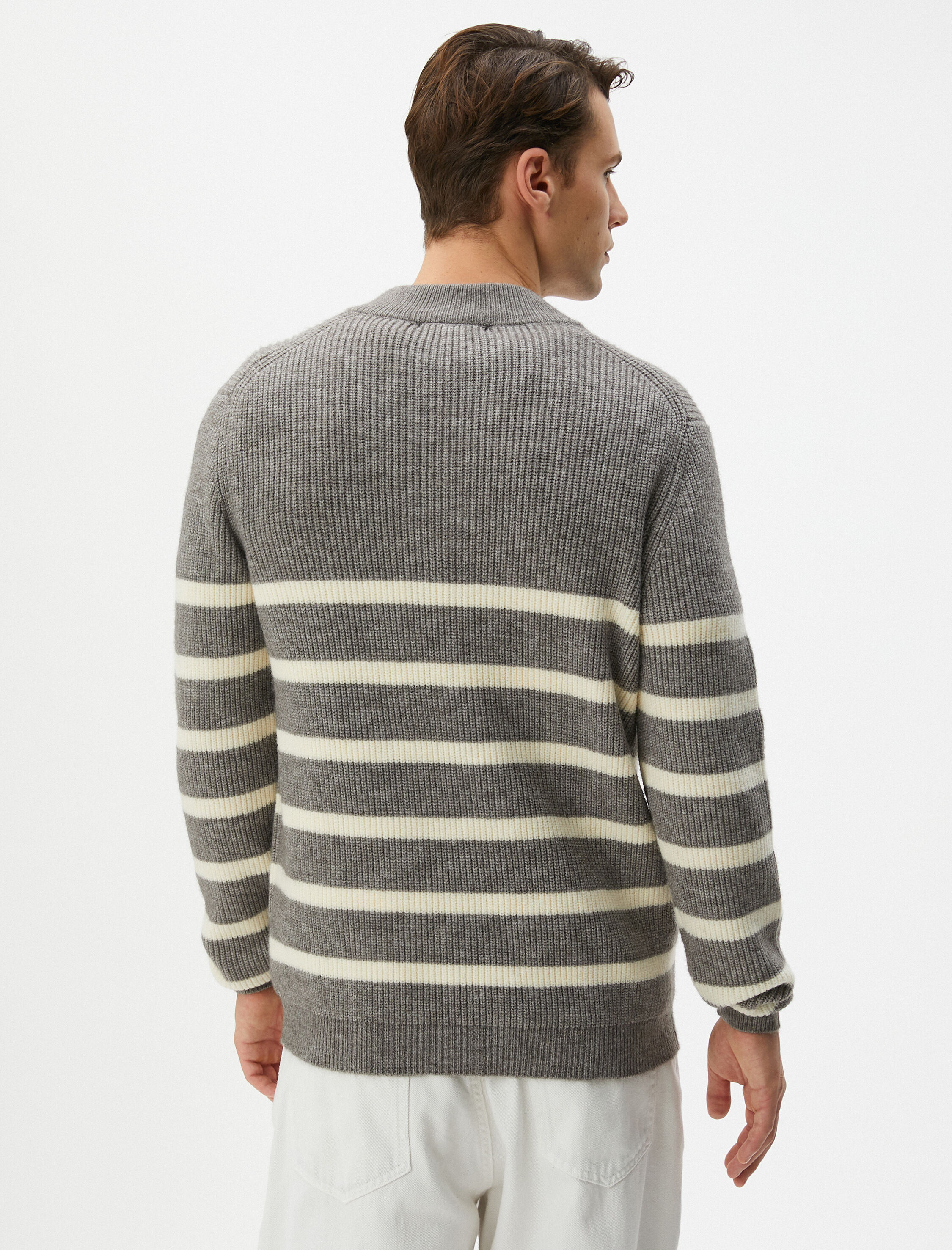 Yarım Fermuarlı Triko Kazak Çizgili Uzun Kollu