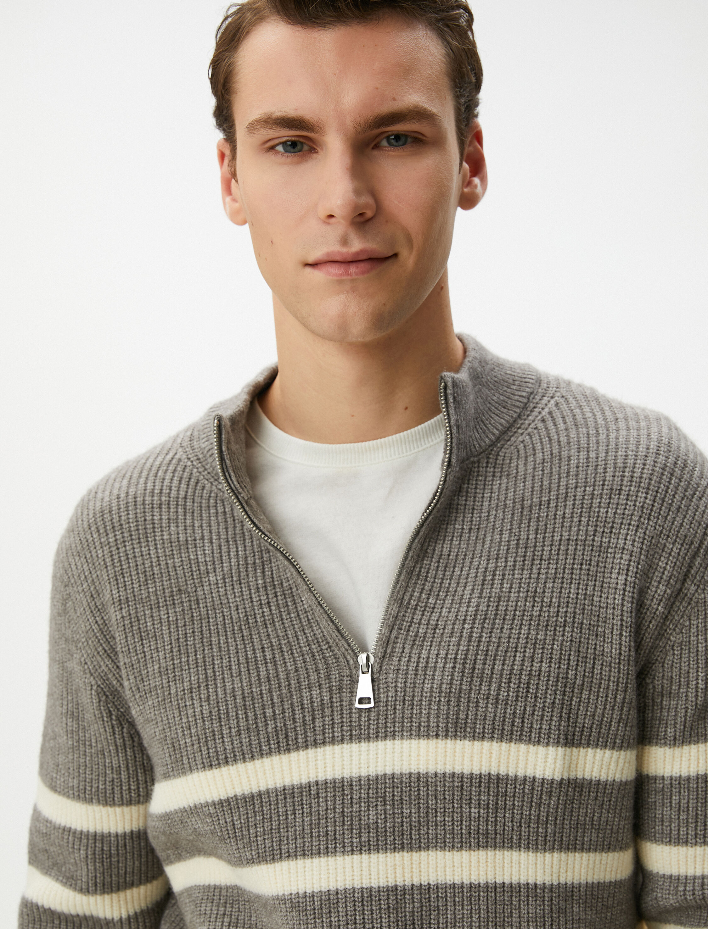 Yarım Fermuarlı Triko Kazak Çizgili Uzun Kollu