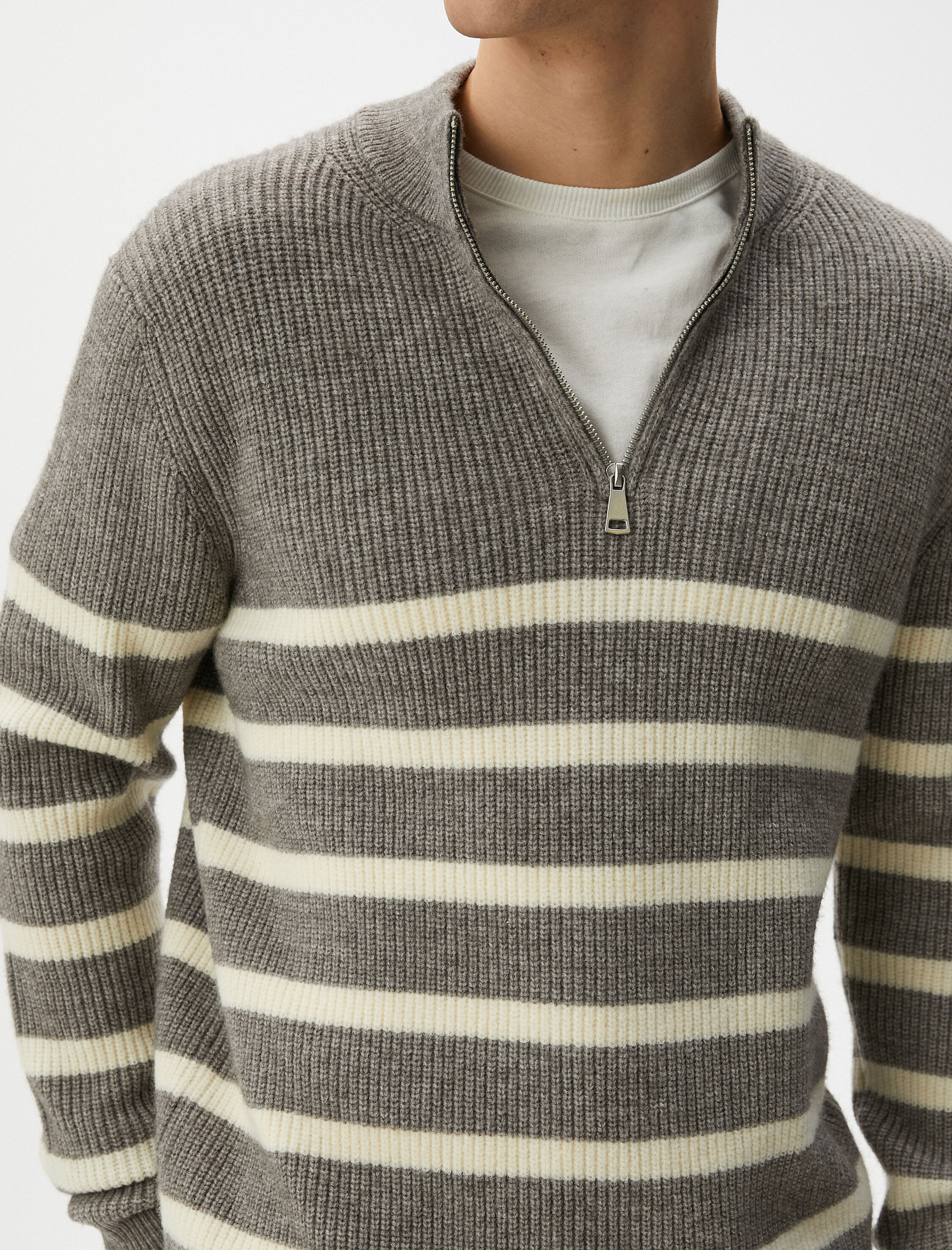 Yarım Fermuarlı Triko Kazak Çizgili Uzun Kollu