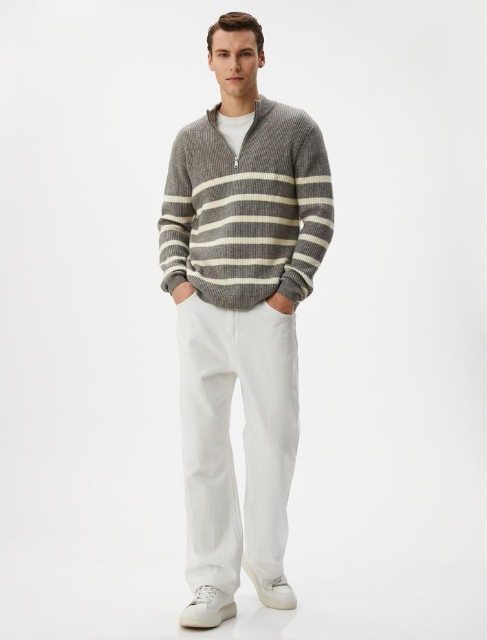  Yarım Fermuarlı Triko Kazak Çizgili Uzun Kollu