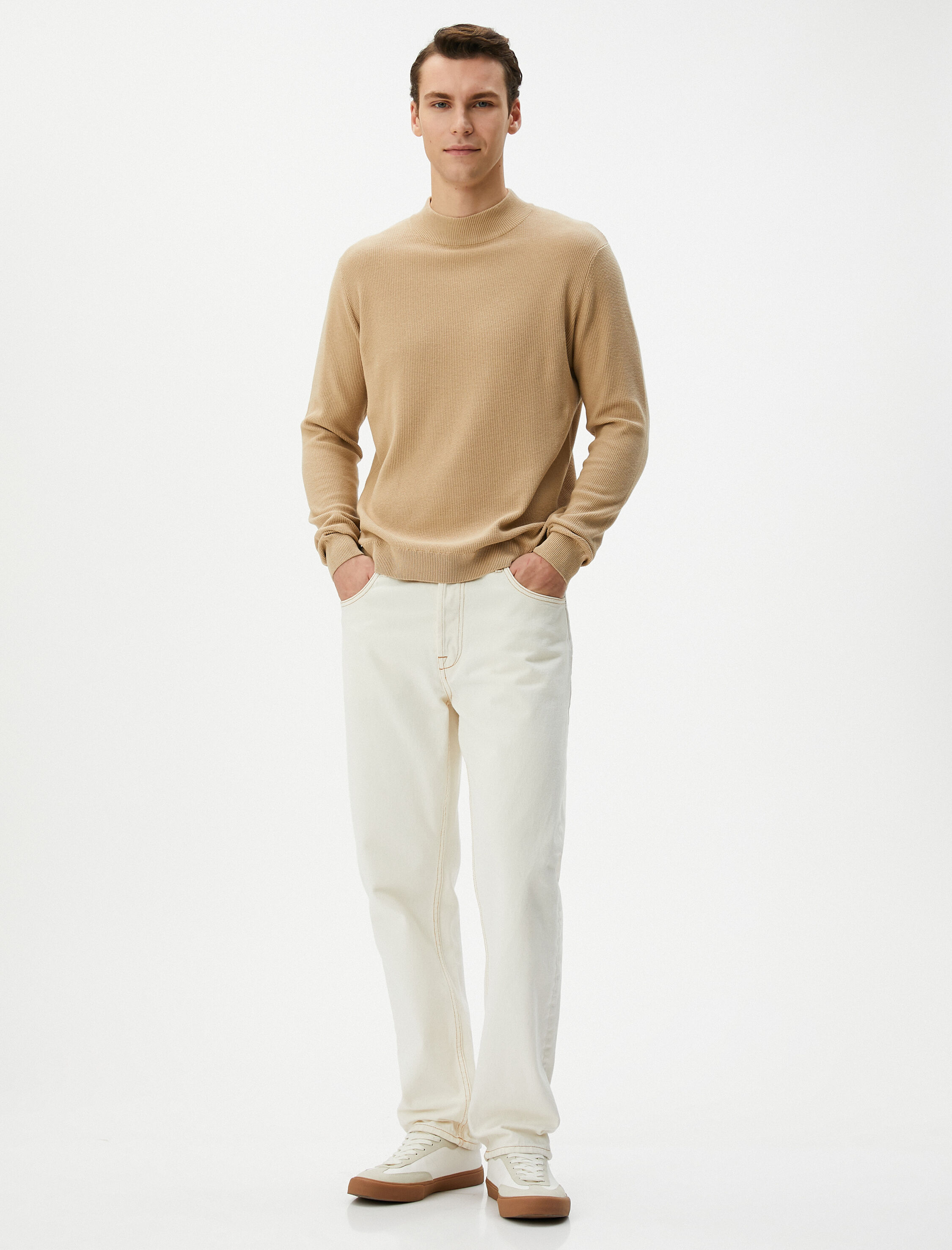   Yarım Balıkçı Yaka Kazak Triko Dokulu Uzun Kollu Pamuklu