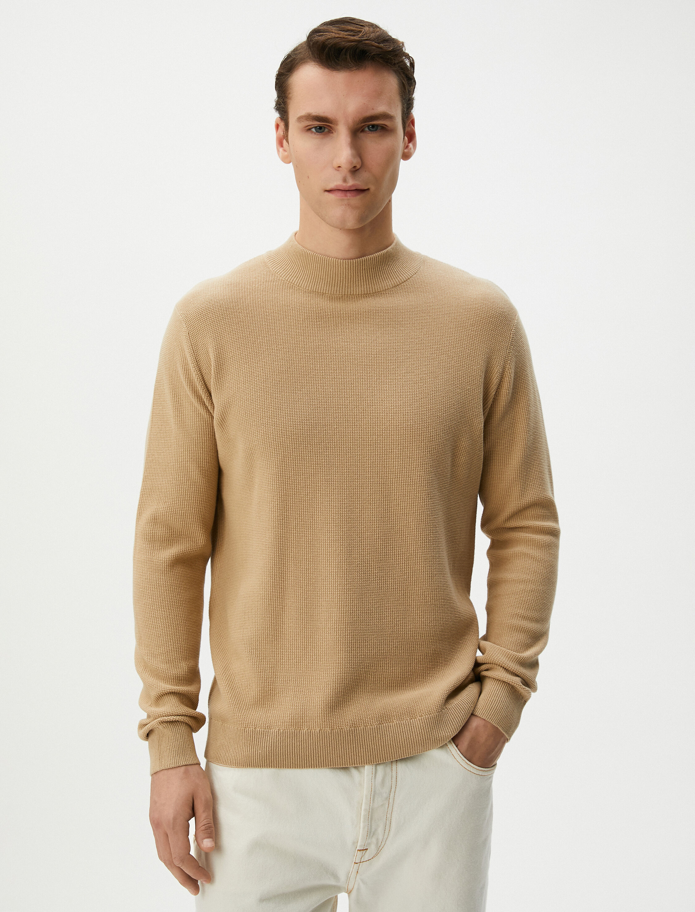   Yarım Balıkçı Yaka Kazak Triko Dokulu Uzun Kollu Pamuklu