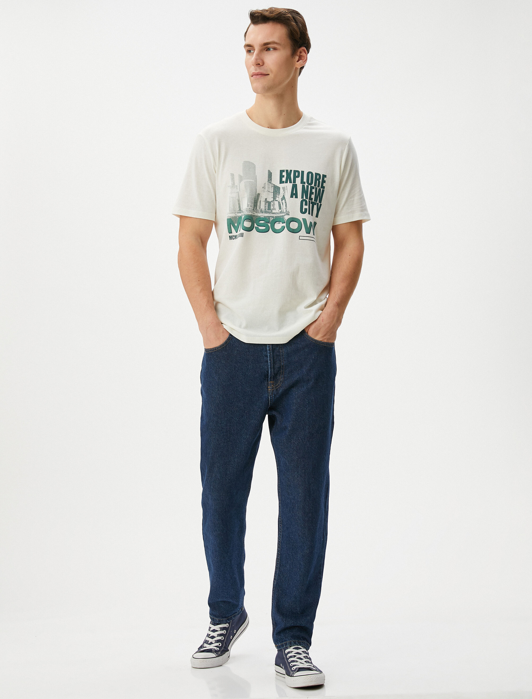   Slogan Baskılı Tişört Kısa Kollu Bisiklet Yaka Pamuklu