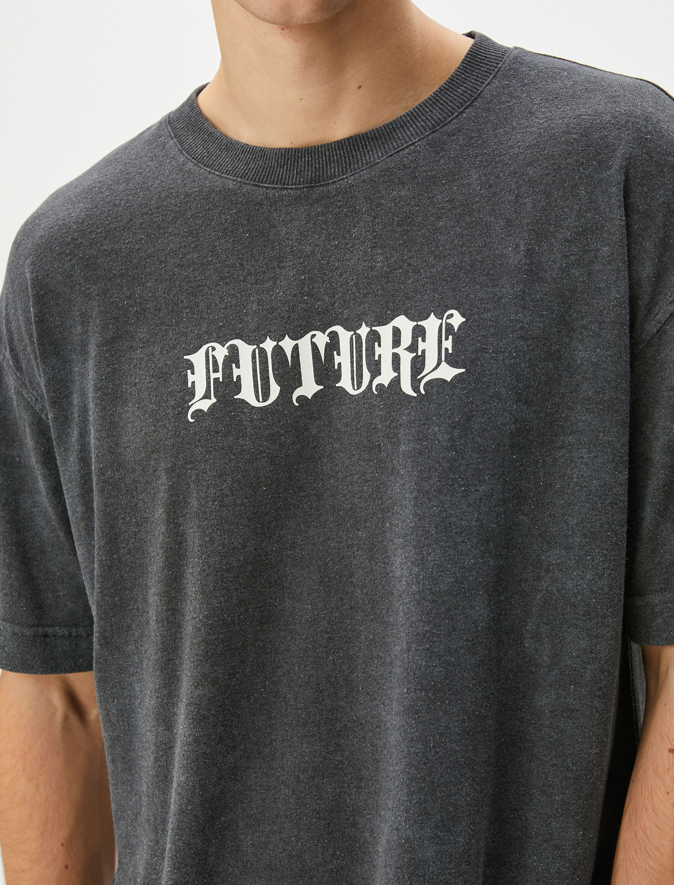   Oversize Yıkamalı Tişört Slogan Baskılı Bisiklet Yaka