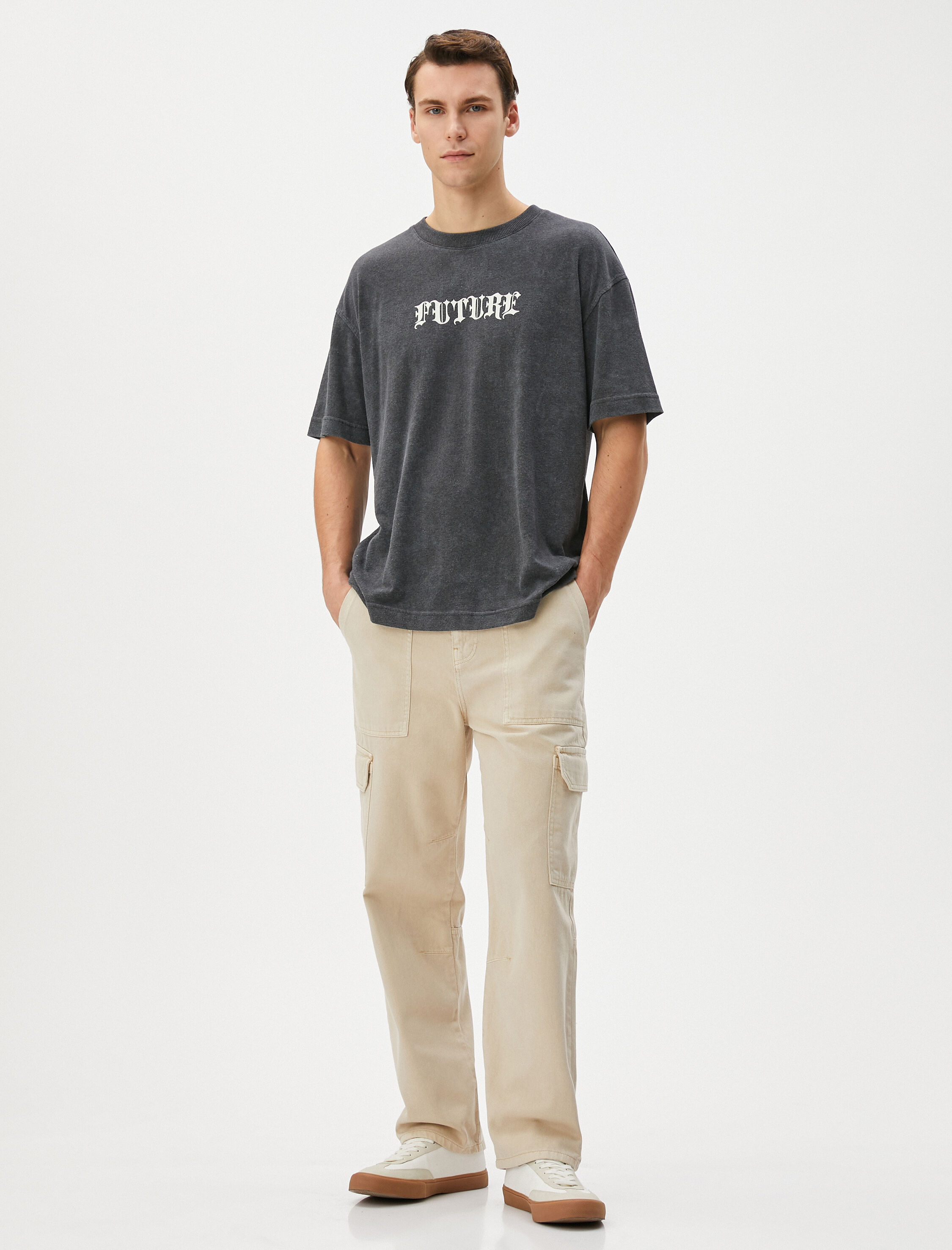   Oversize Yıkamalı Tişört Slogan Baskılı Bisiklet Yaka