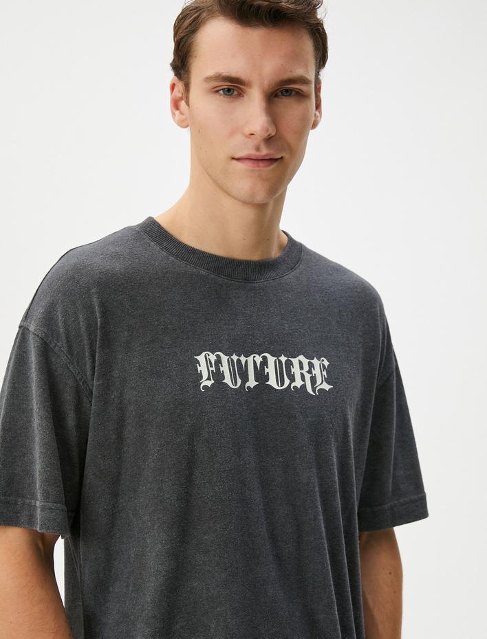  Oversize Yıkamalı Tişört Slogan Baskılı Bisiklet Yaka